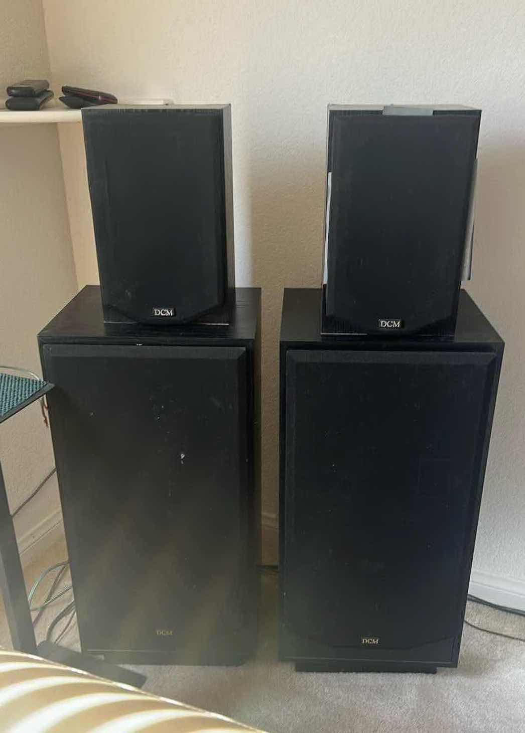 Photo 1 of 5-DCM BLACK SPEAKERS KX6, KX10, KX CENTER W 2 BLACK METAL SPEAKER STANDS