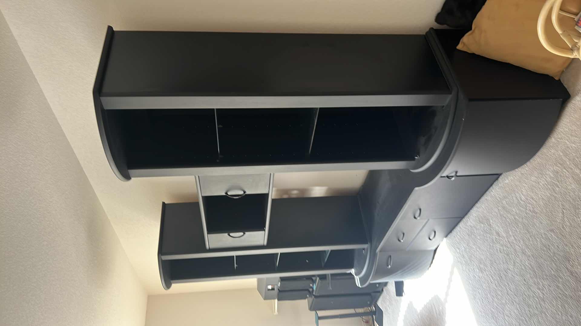 Photo 1 of BLACK PRESSED WOOD 4PC ENTERTAINMENT CENTER W GLASS SHELVES 80" x 22" H77"