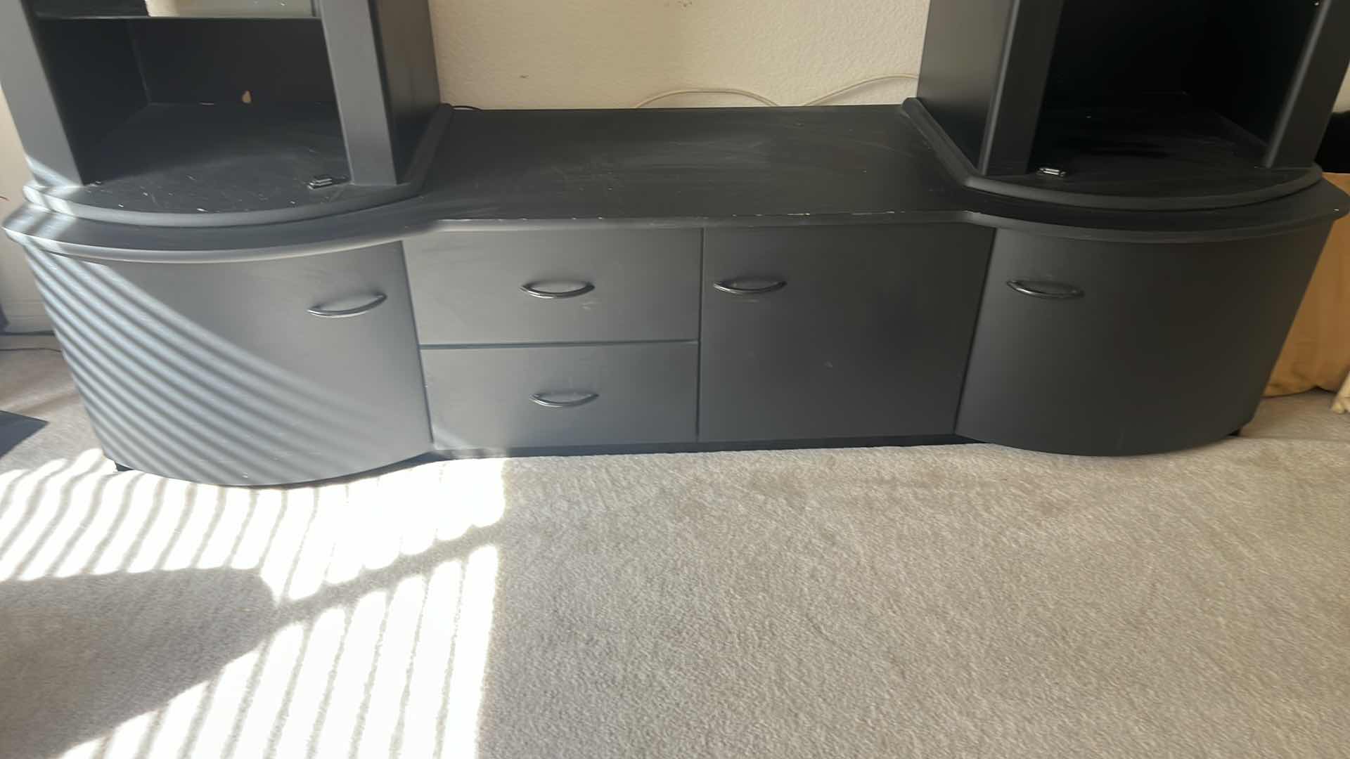 Photo 1 of BLACK PRESSED WOOD 4PC ENTERTAINMENT CENTER W GLASS SHELVES 80" x 22" H77"