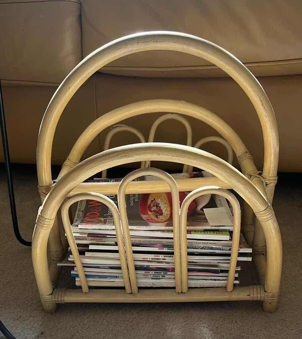 Photo 1 of 12" ROUND BLACK METAL W WICKER TOP PLANT STAND H20", BAMBOO MAGAZINE RACK