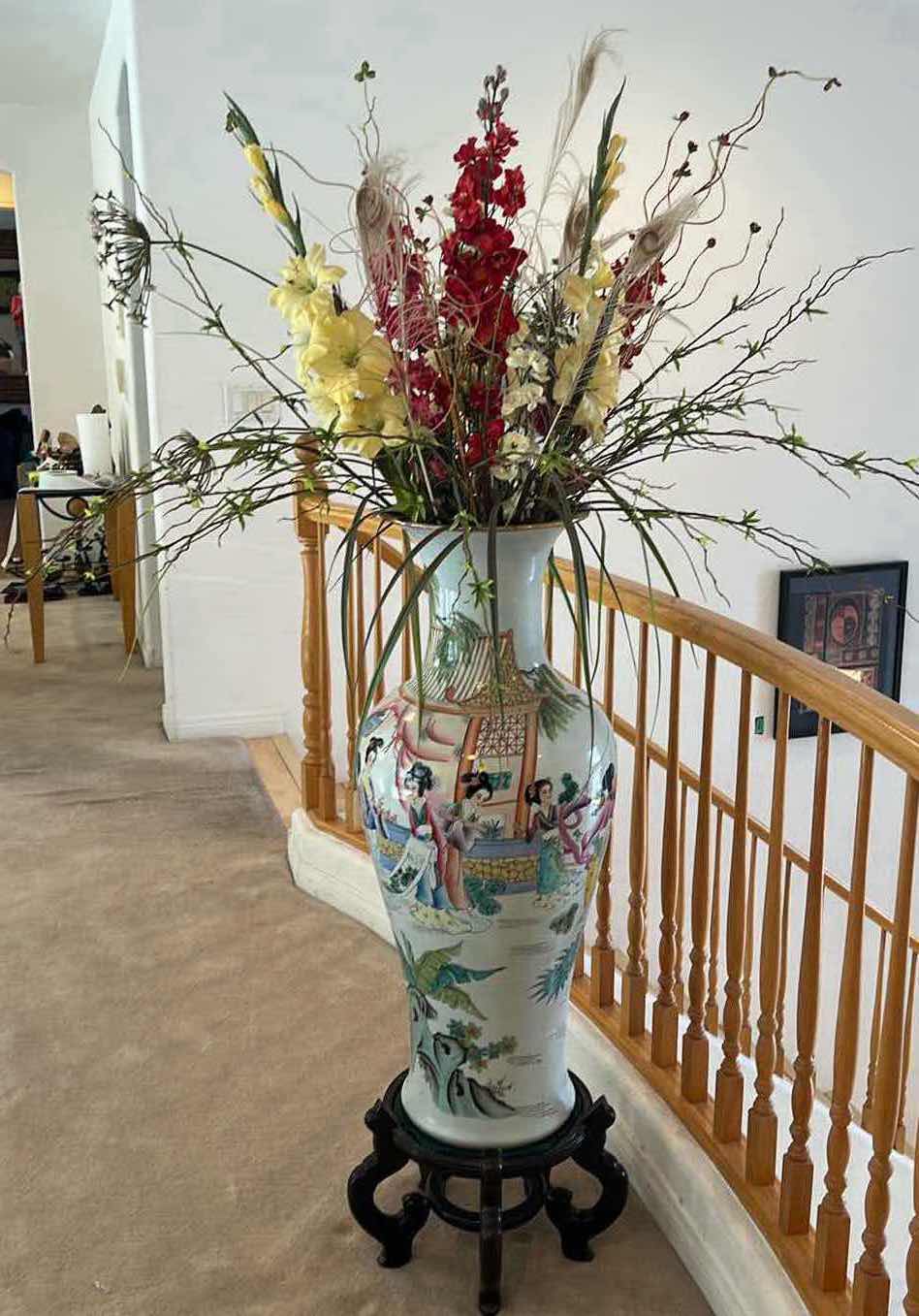 Photo 1 of 16" ROUND ORIENTAL PORCELAIN VASE H36" W FAUX FLOWERS ON WOOD STAND