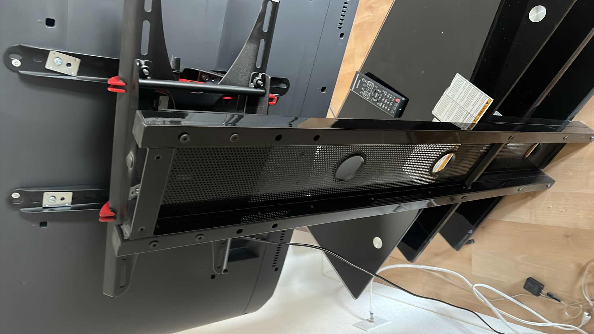 Photo 1 of 40" HITACHI TV W REMOTE ON SMOKED GLASS SWIVEL ARM ENTERTAINMENT CENTER