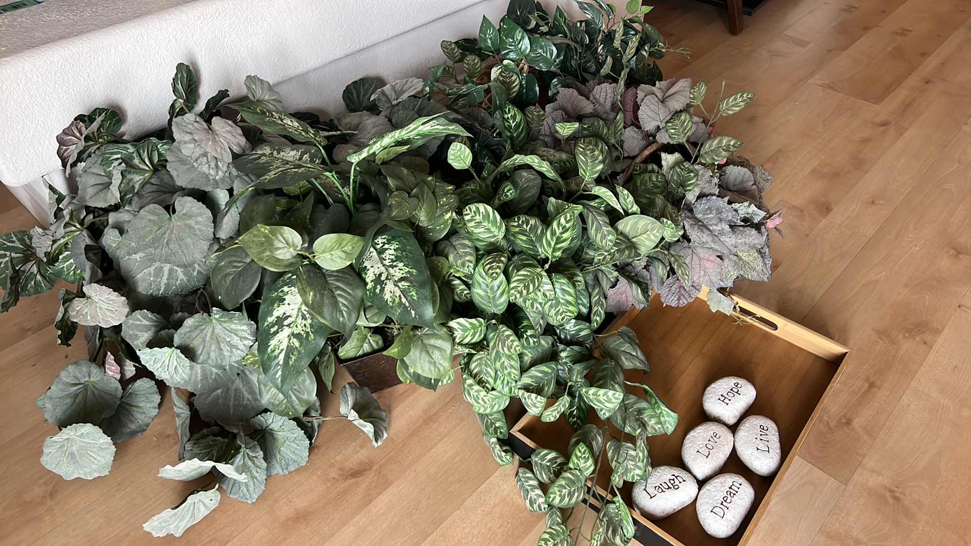 Photo 1 of FAUX PLANTS IN CONTAINERS, MESSAGE ROCK W WOOD TRAY