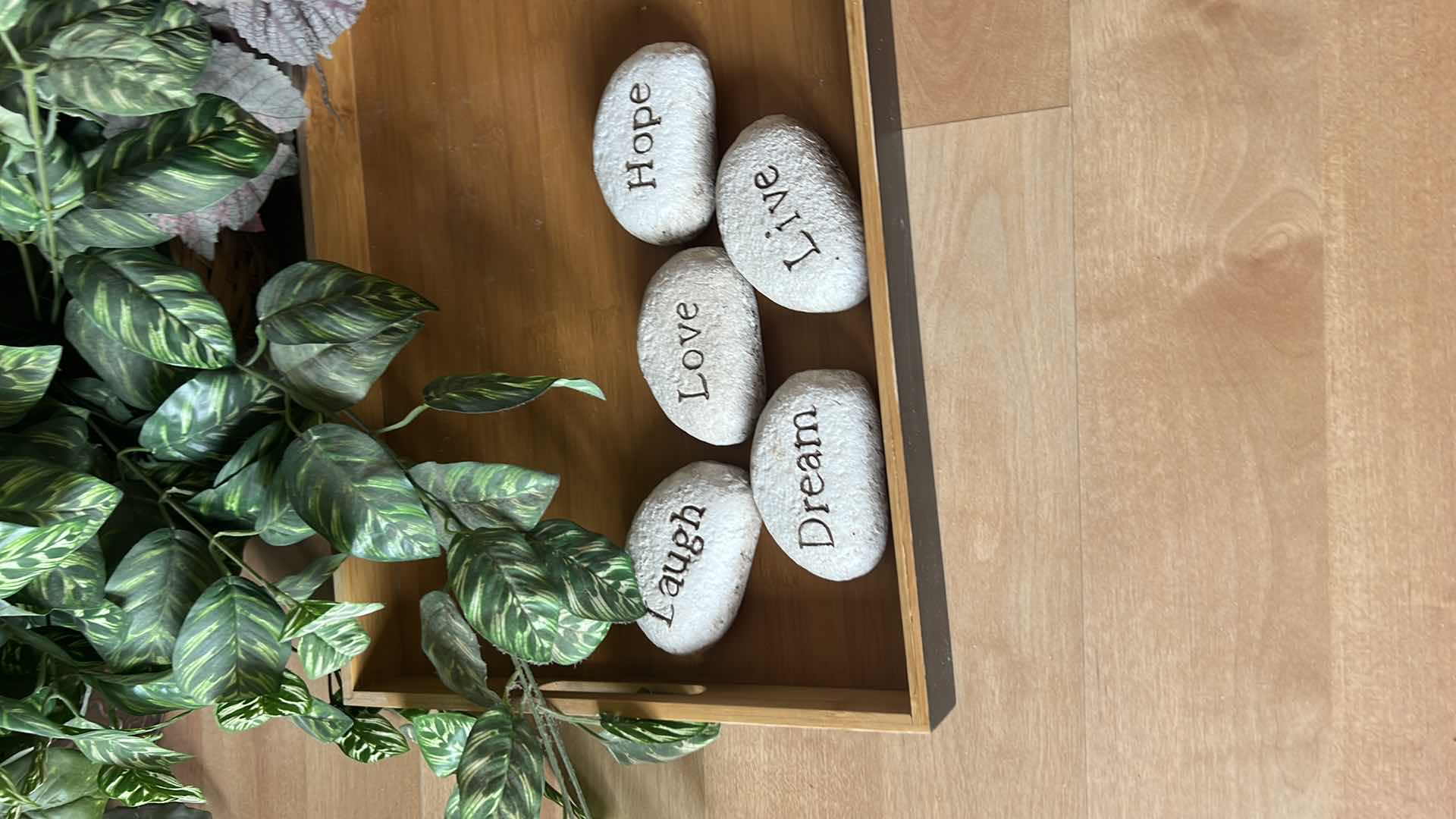 Photo 1 of FAUX PLANTS IN CONTAINERS, MESSAGE ROCK W WOOD TRAY