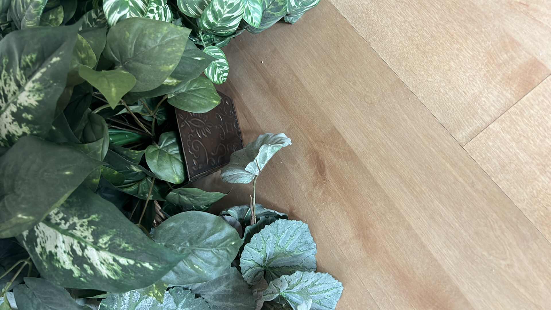 Photo 1 of FAUX PLANTS IN CONTAINERS, MESSAGE ROCK W WOOD TRAY