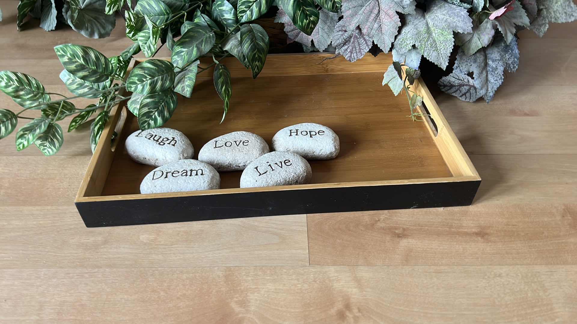 Photo 1 of FAUX PLANTS IN CONTAINERS, MESSAGE ROCK W WOOD TRAY