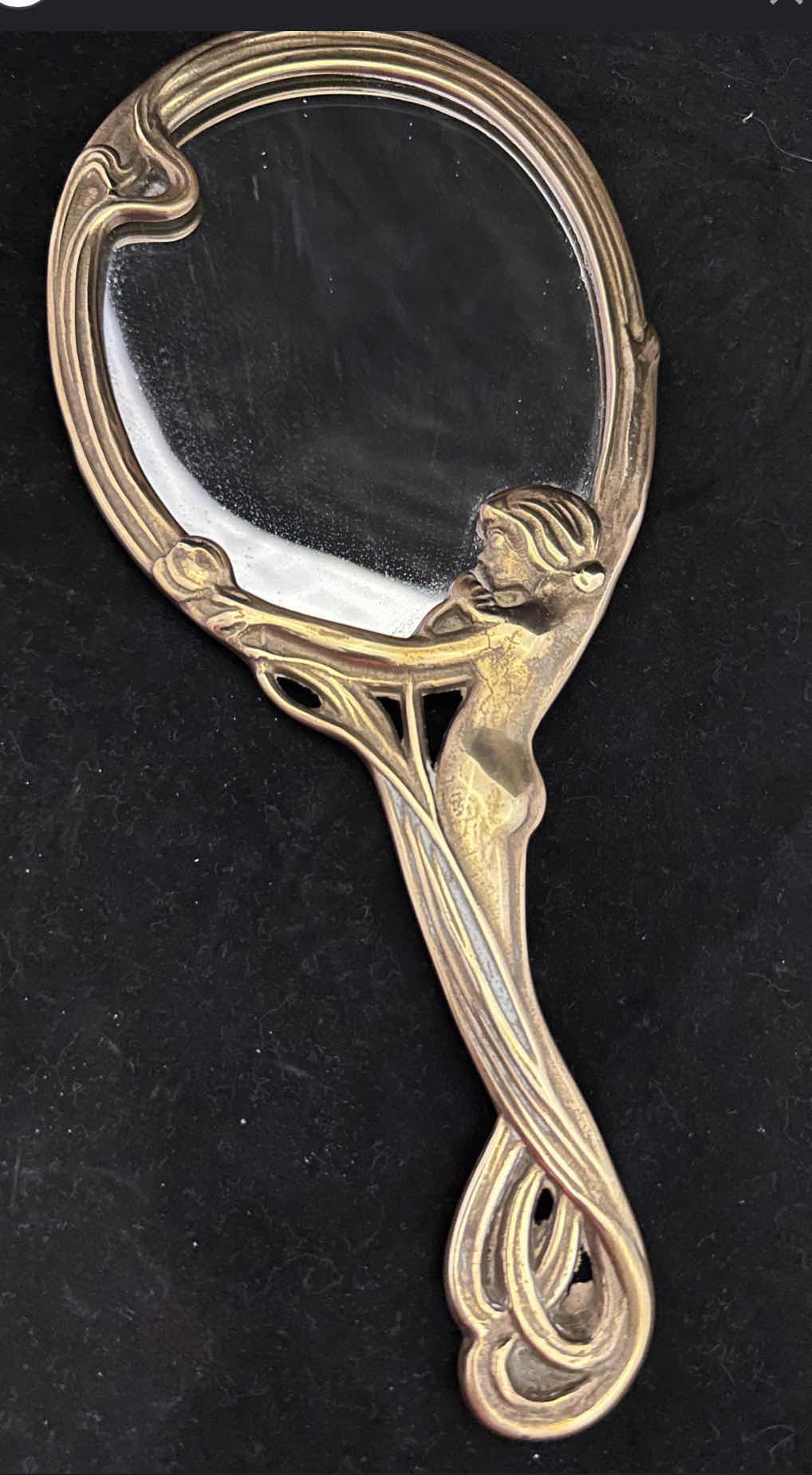 View 2 of ANTIQUE ART NOUVEAU BRASS HAND HELD ITALIAN VANITY MIRROR.10”H.
