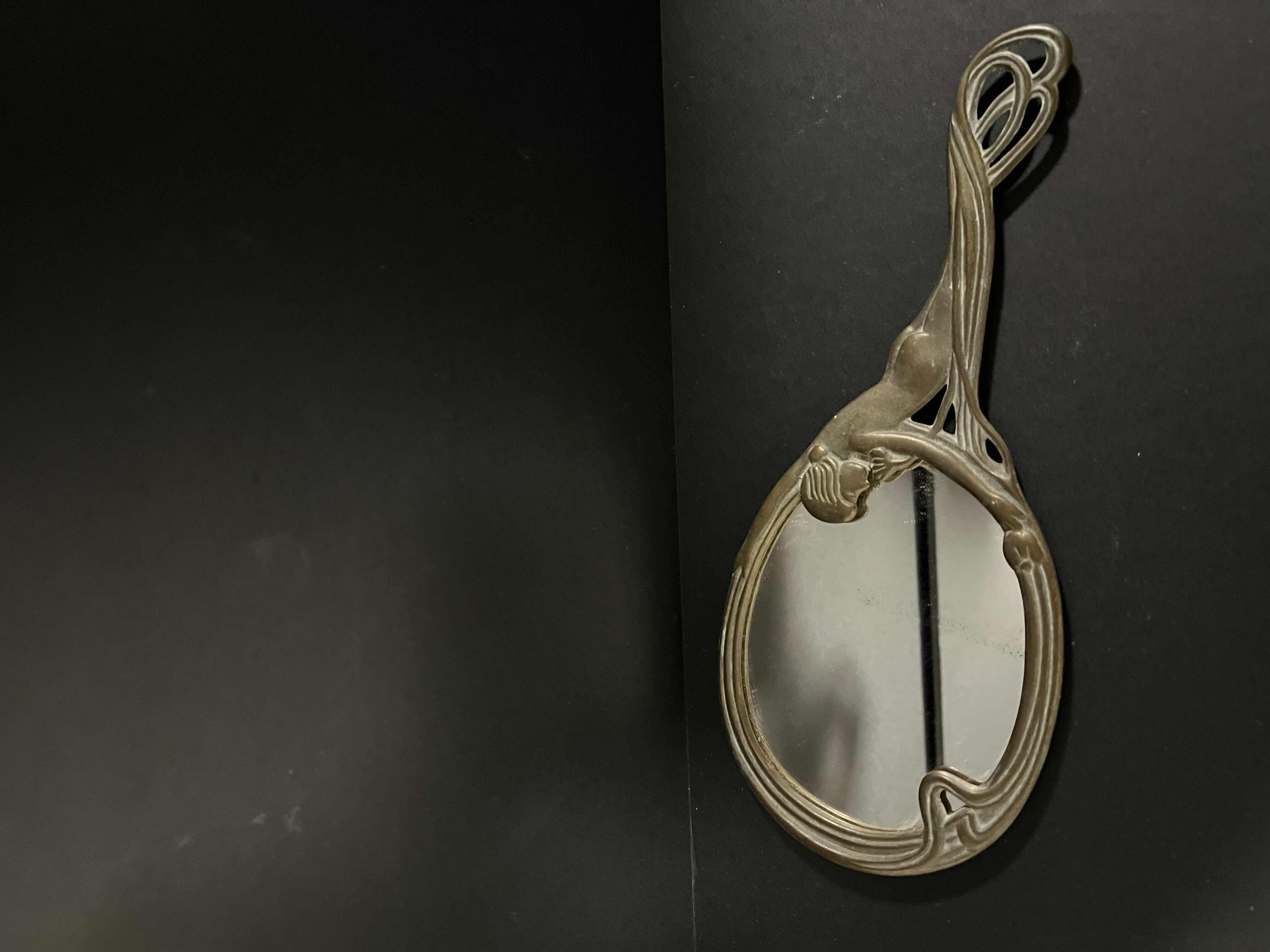 View 3 of ANTIQUE ART NOUVEAU BRASS HAND HELD ITALIAN VANITY MIRROR.10”H.