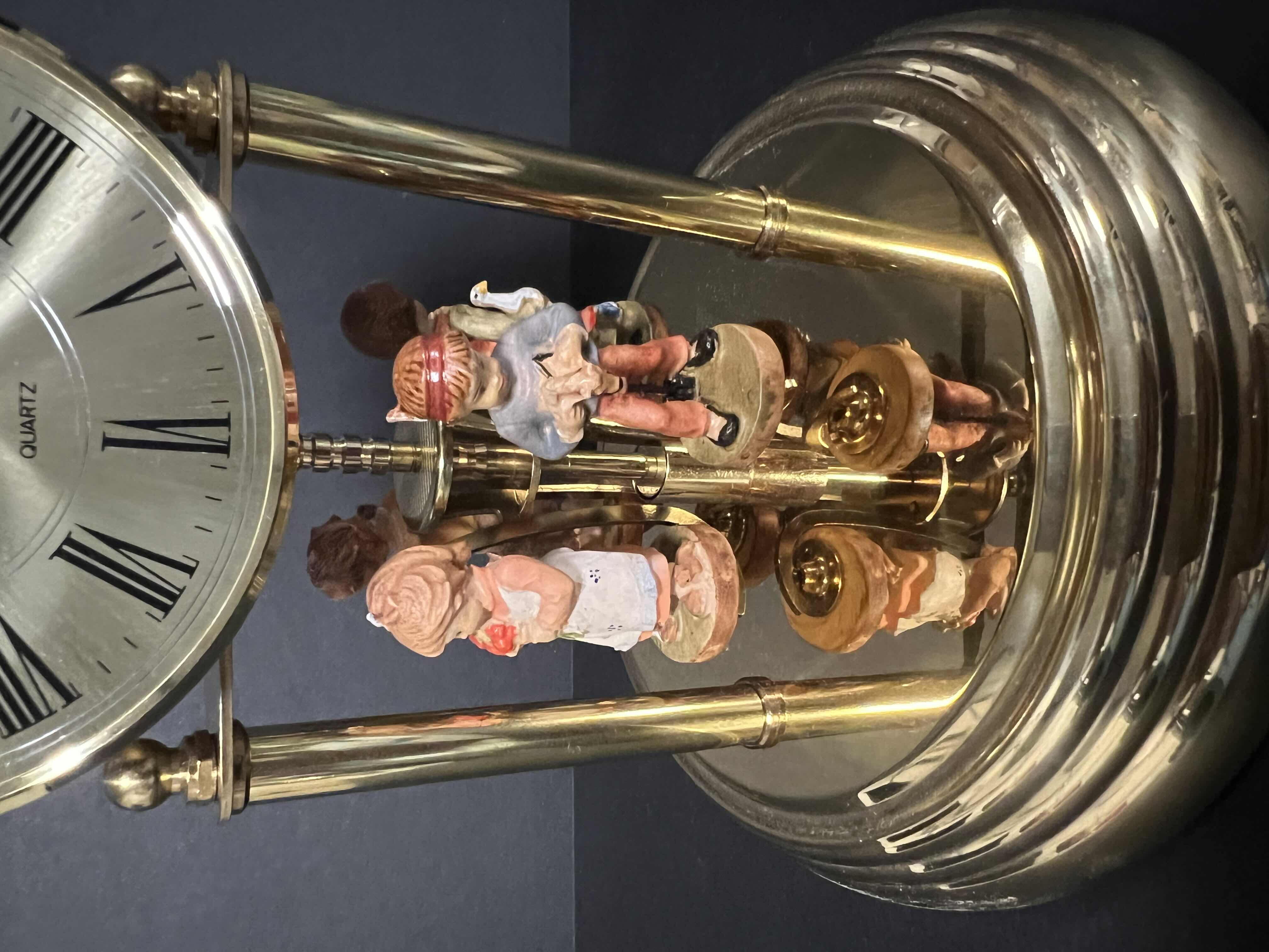 Photo 3 of JUNGHANS QUARTZ GLASS DOME DESK CLOCK. GERMAN CHILDREN ROTATING STATUES. 9”H.