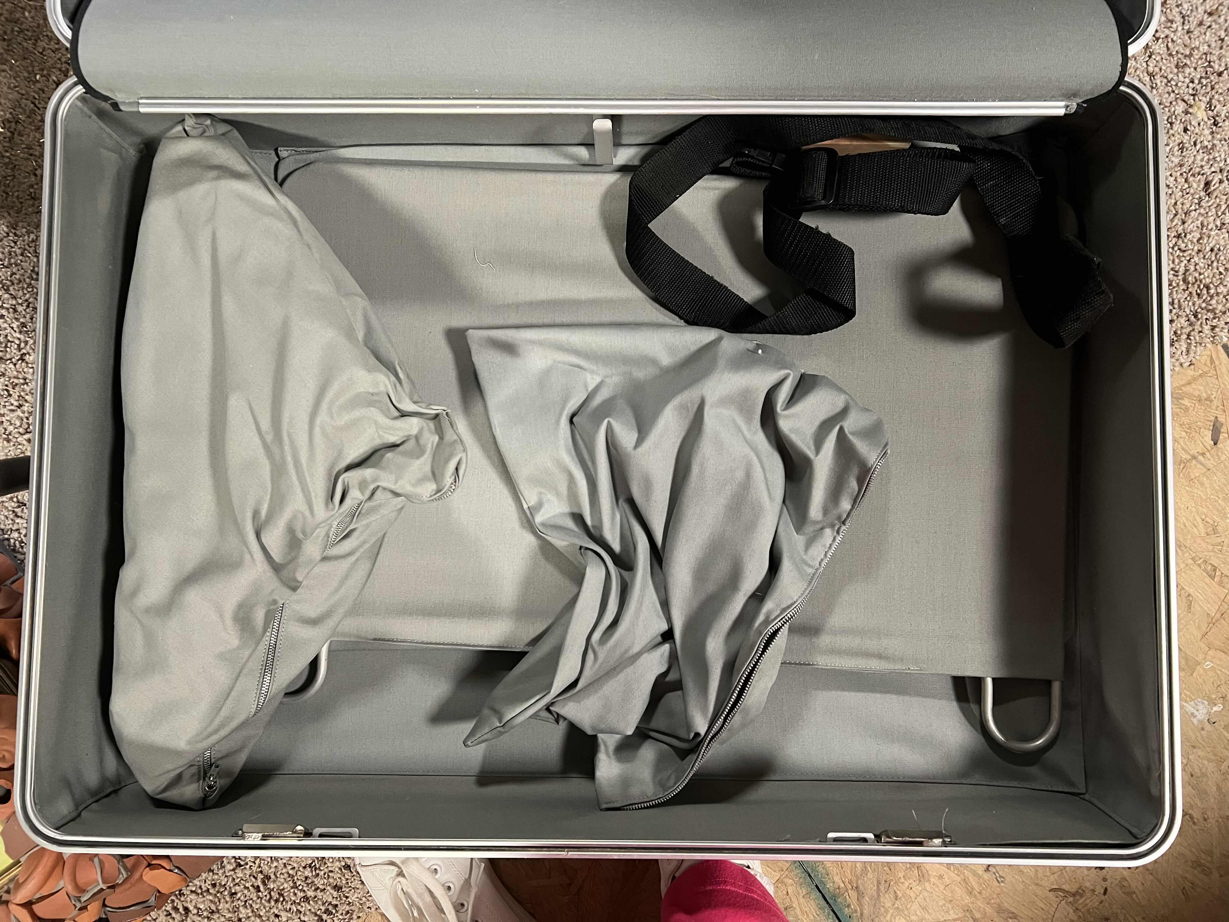 Photo 1 of LARGE VINTAGE ZERO HALIBURTON SUITCASE. SILVER. 2.91cuft.  INCLUDES HANGERS, HANGING BAG AND STAND.