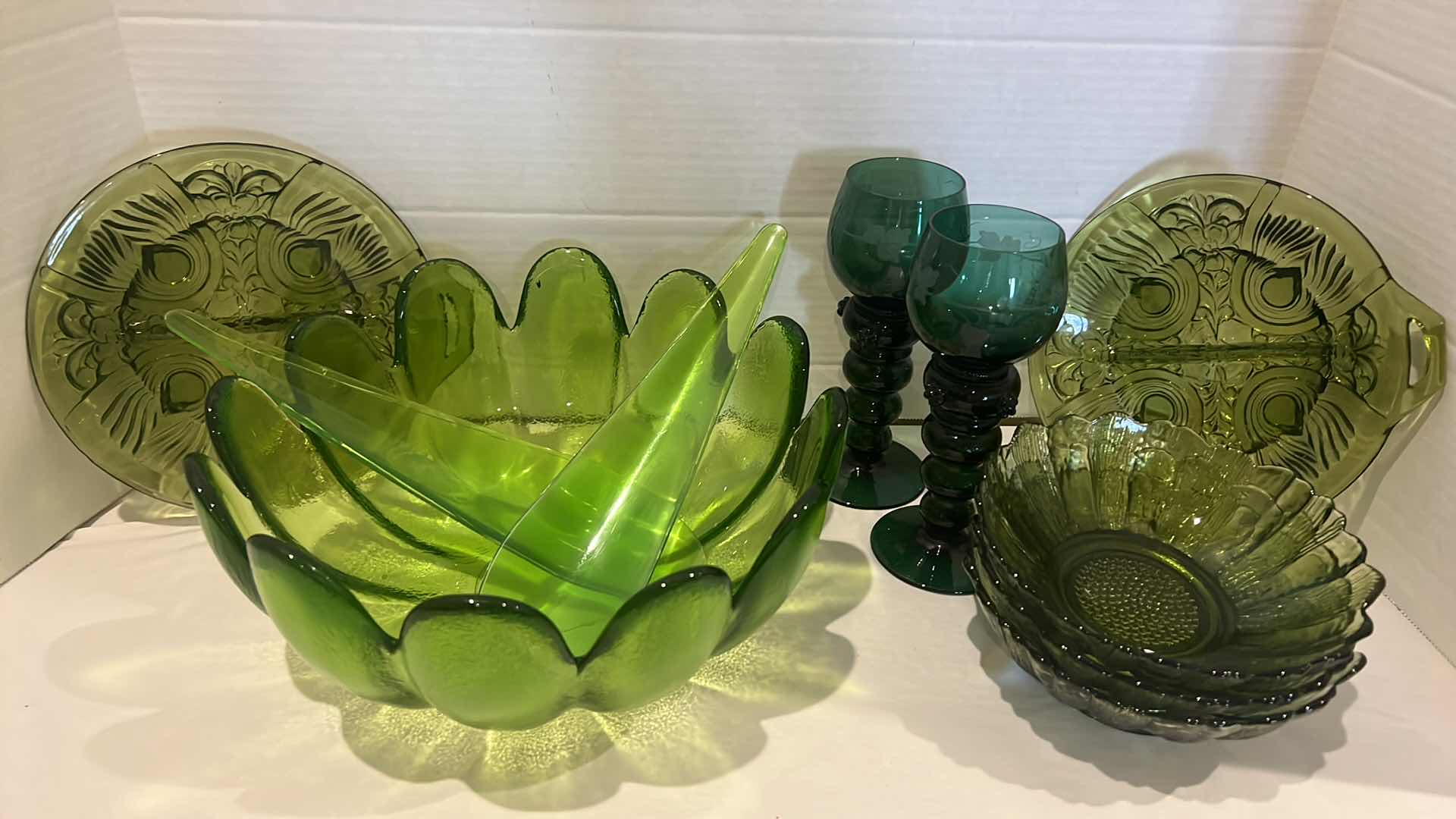 Photo 1 of 10-PCS VINTAGE GREEN GLASS DISHES, CANDLEHOLDERS