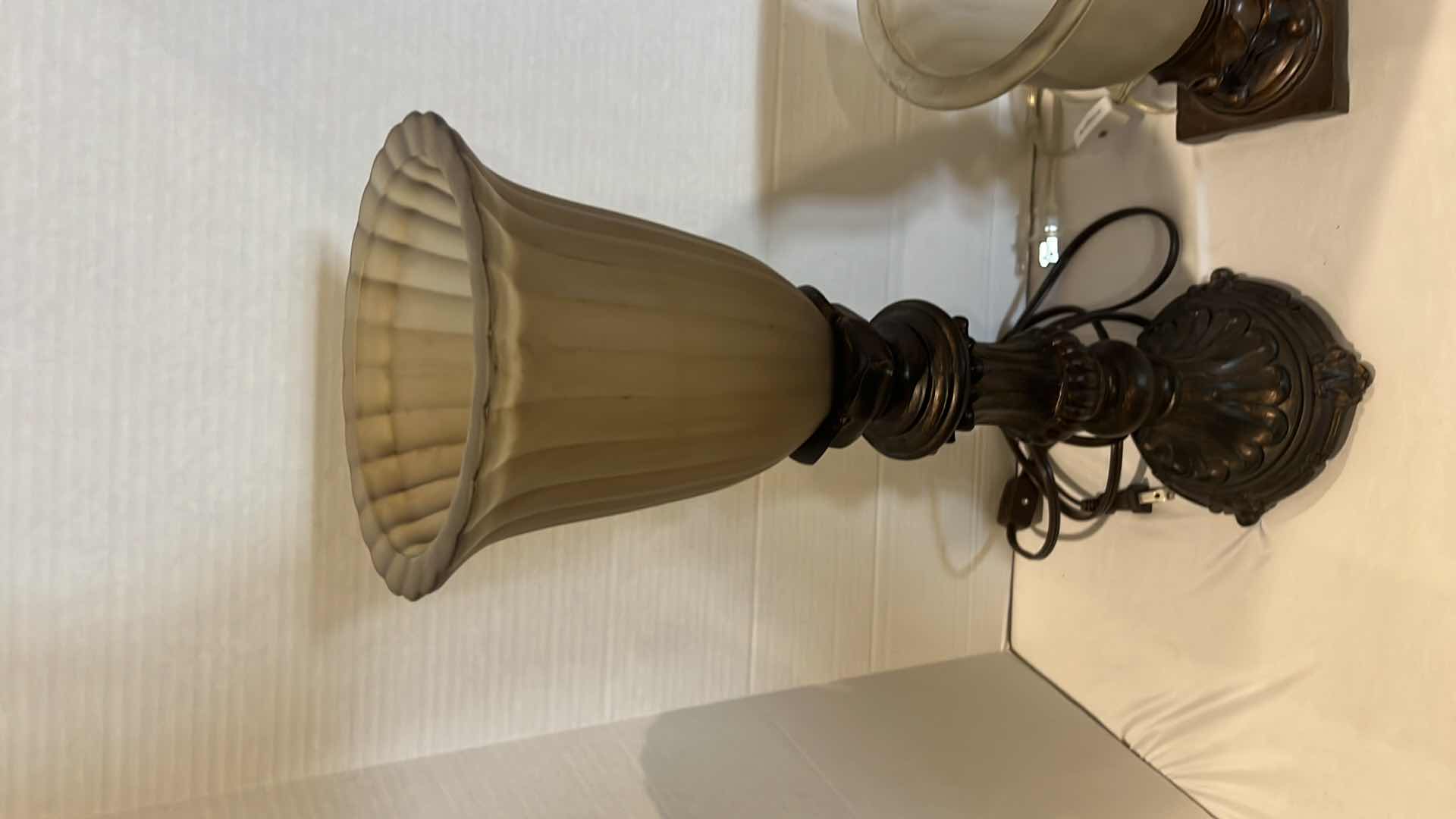 Photo 1 of 2-VINTAGE TABLE LAMPS W GLASS UPSHADE H19", H10"