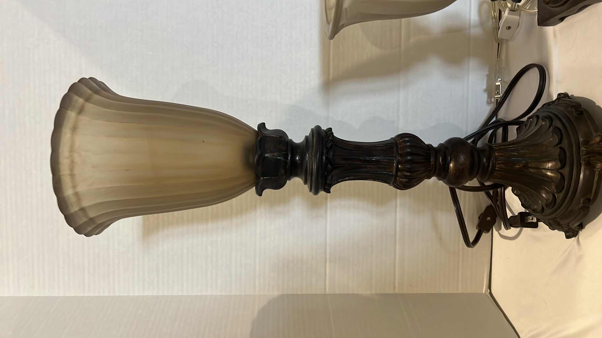 Photo 1 of 2-VINTAGE TABLE LAMPS W GLASS UPSHADE H19", H10"
