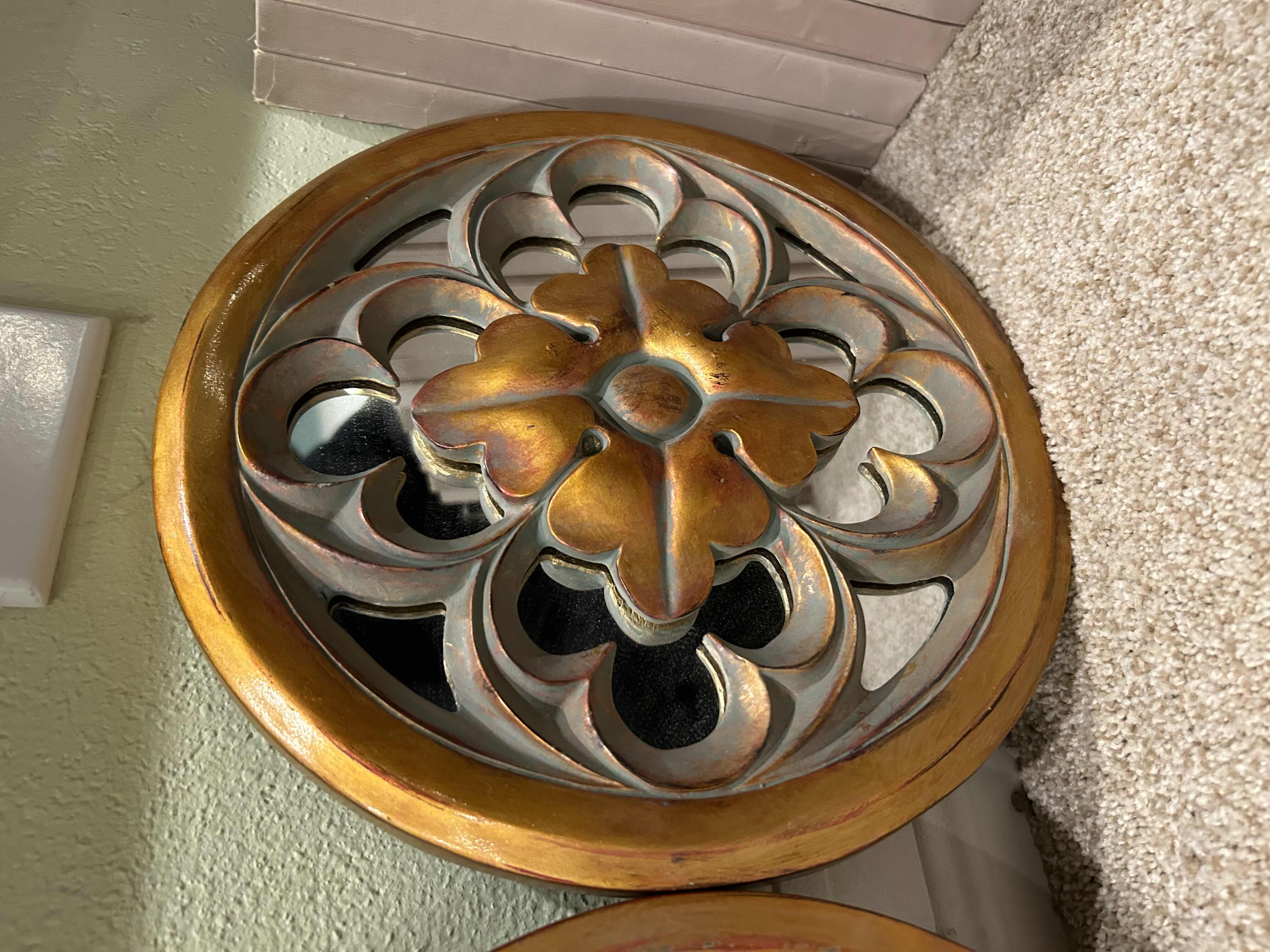Photo 1 of 3- 10” CIRCULAR DISTRESSED GOLD MIRRORED WALL PLAQUES