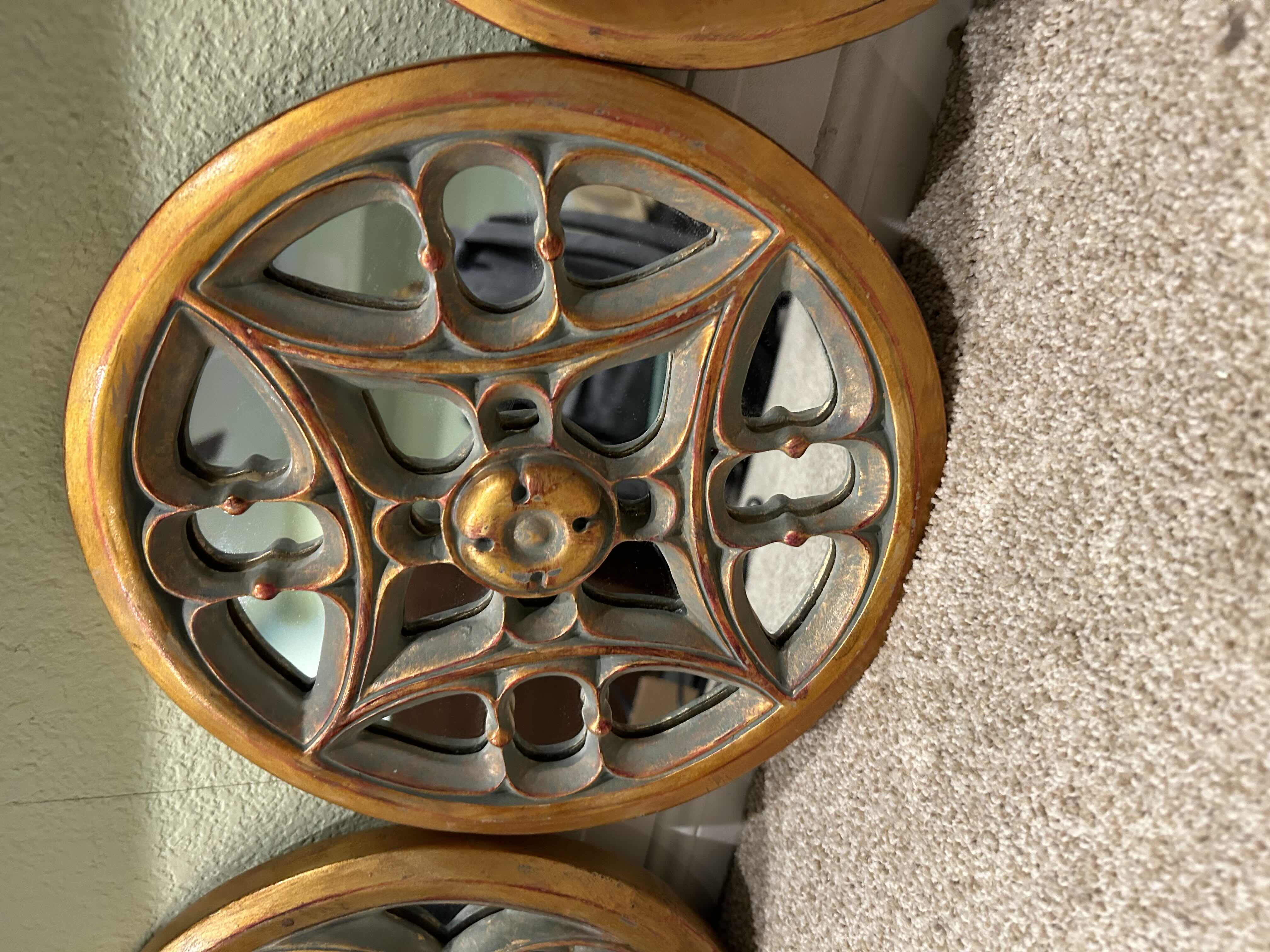Photo 1 of 3- 10” CIRCULAR DISTRESSED GOLD MIRRORED WALL PLAQUES