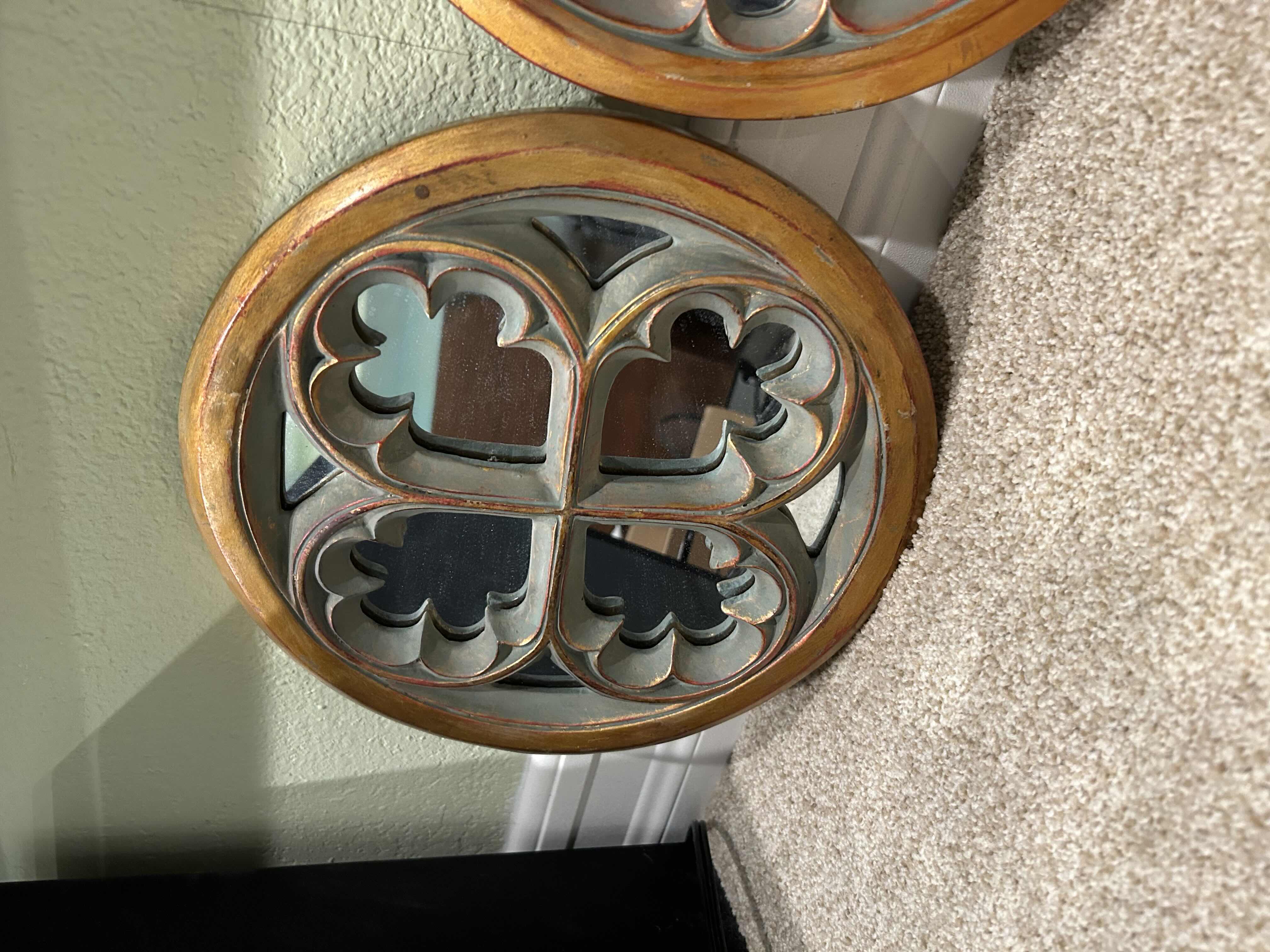 Photo 1 of 3- 10” CIRCULAR DISTRESSED GOLD MIRRORED WALL PLAQUES