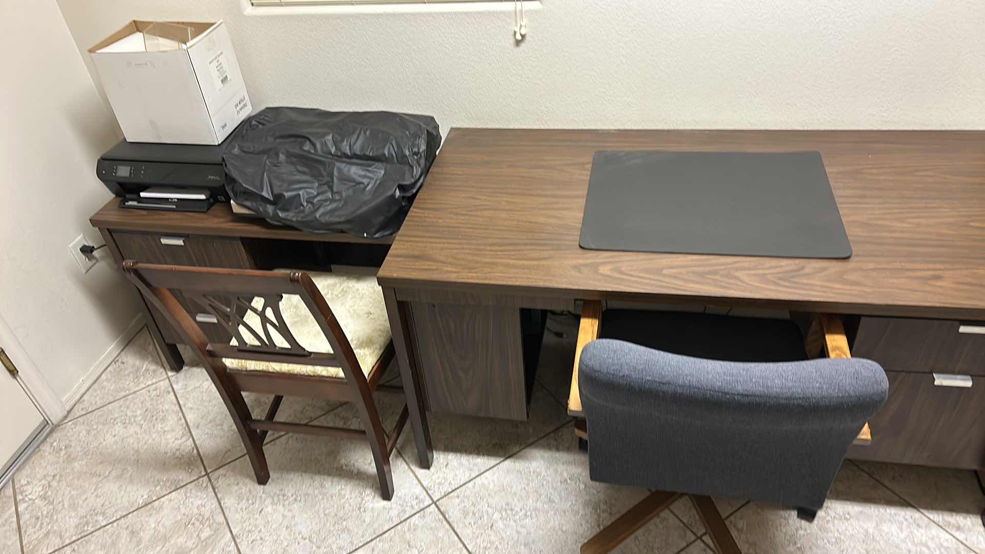 Photo 1 of 2 VINTAGE DESKS AND 2 CHAIRS (DESKS ARE ATTACHED (PRINTER AND TYPEWRITER SOLD SEPARATELY) LARGEST DESK MEASURES 5’ x 30” x H29”