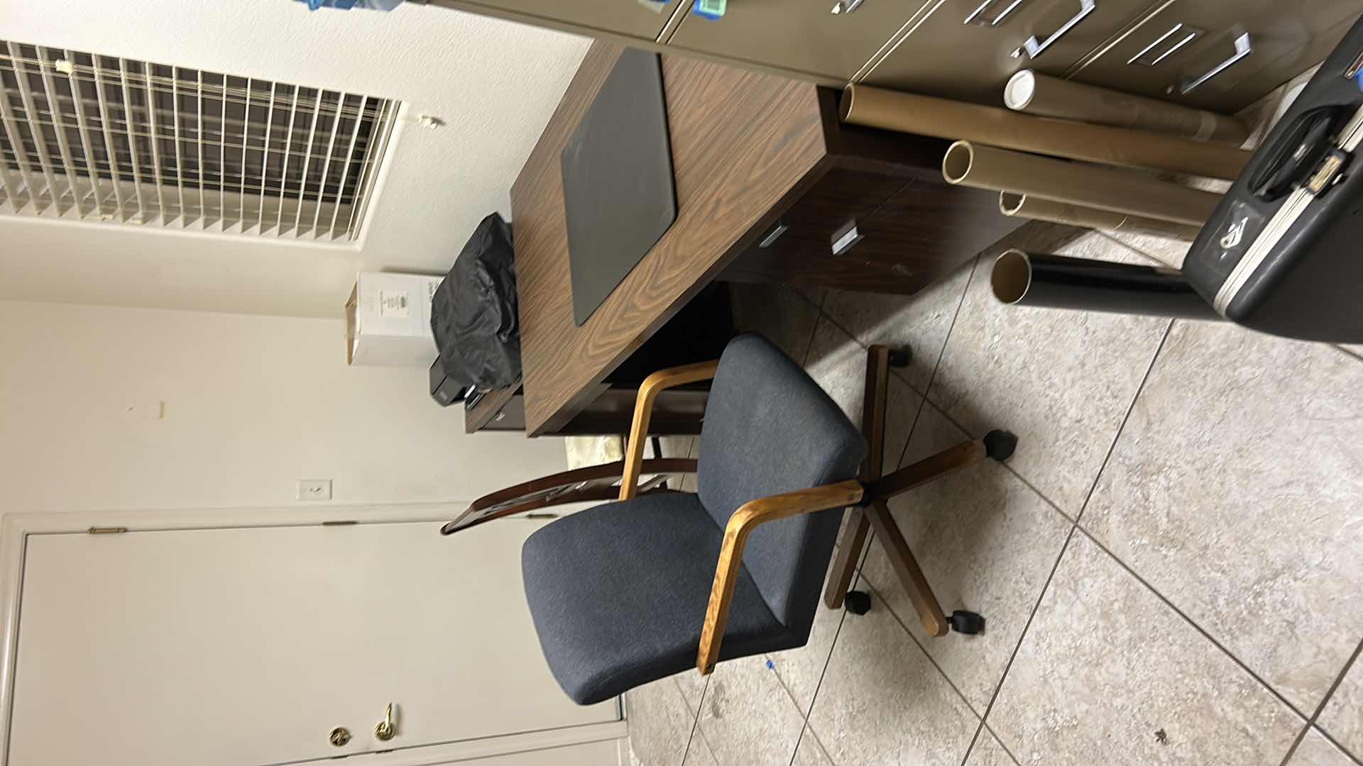 Photo 1 of 2 VINTAGE DESKS AND 2 CHAIRS (DESKS ARE ATTACHED (PRINTER AND TYPEWRITER SOLD SEPARATELY) LARGEST DESK MEASURES 5’ x 30” x H29”