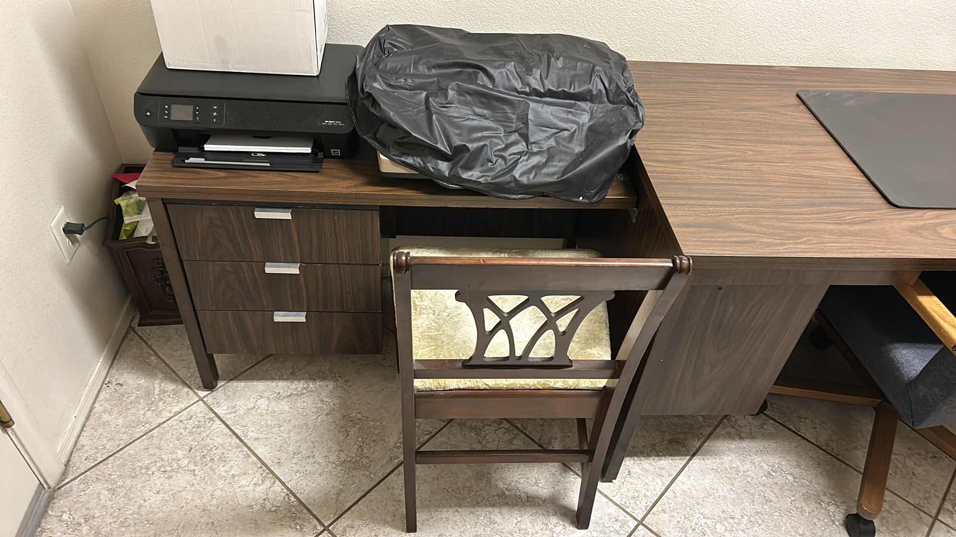 Photo 1 of 2 VINTAGE DESKS AND 2 CHAIRS (DESKS ARE ATTACHED (PRINTER AND TYPEWRITER SOLD SEPARATELY) LARGEST DESK MEASURES 5’ x 30” x H29”