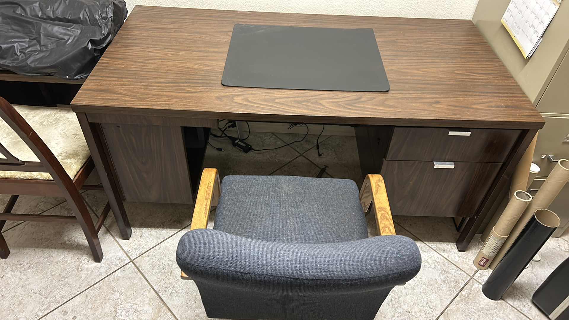 Photo 1 of 2 VINTAGE DESKS AND 2 CHAIRS (DESKS ARE ATTACHED (PRINTER AND TYPEWRITER SOLD SEPARATELY) LARGEST DESK MEASURES 5’ x 30” x H29”