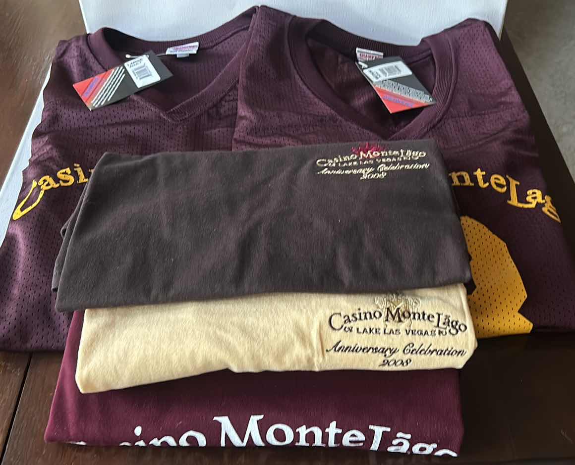 Photo 1 of 2 NEW CASINO MONTE LAGO FOOTBALL JERSEYS SIZE M & L AND 3 TEE SHIRTS SIZE L