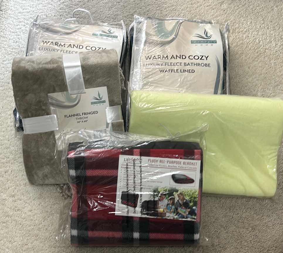 Photo 1 of 5 NEW- 2 FLEECE BATHROBES, THROW, BLANKET AND PILLOW