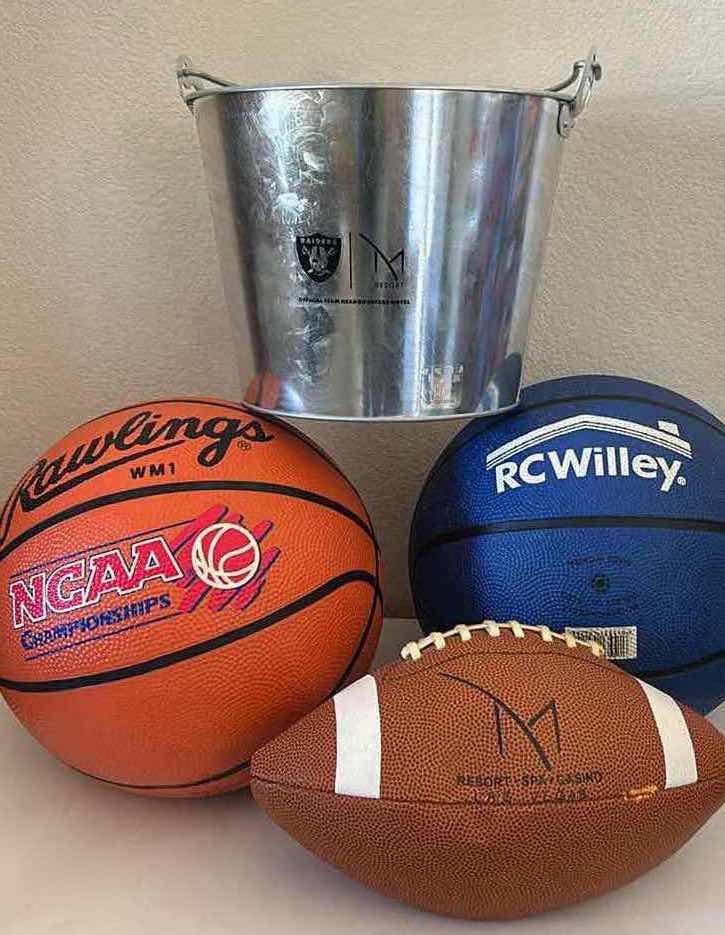 Photo 1 of 2 BASKETBALLS, FOOTBALL AND RAIDERS BUCKET