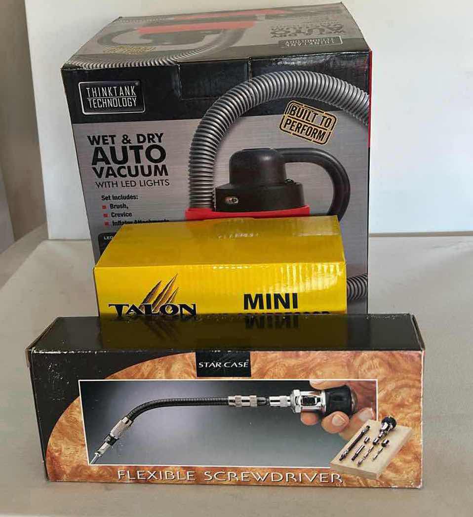 Photo 1 of 3 NEW GARAGE ITEMS - WET AND DRY AUTO VACUUM, FLEXIBLE SCREWDRIVER, MINI AIR COMPRESSOR