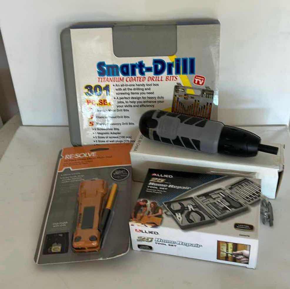 Photo 1 of 4 NEW GARAGE ITEMS - 2 DRILLS, MULTI TOOL AND HOME REPAIR TOOL SET