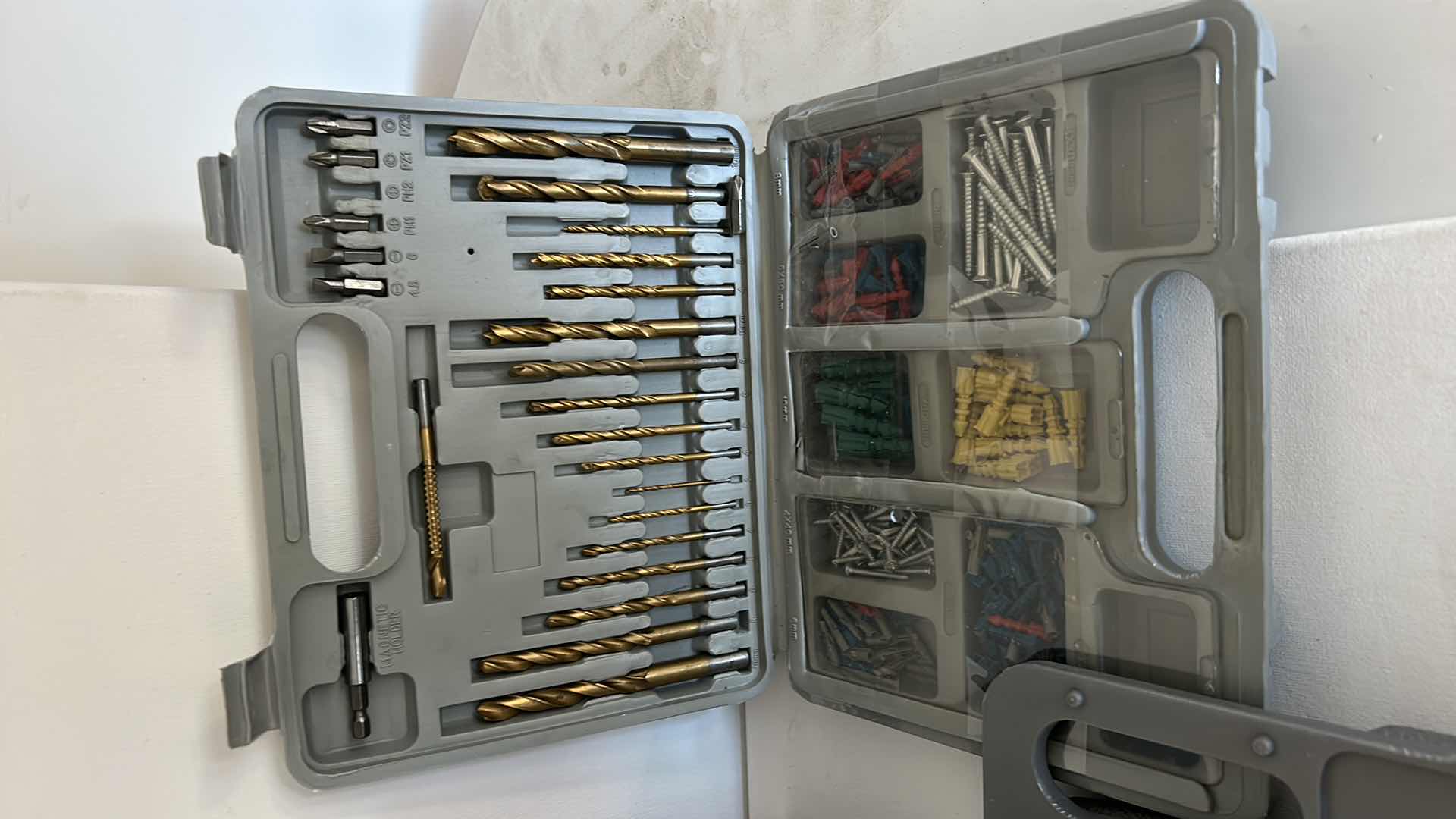 Photo 1 of 3 GARAGE TOOLS - DRILL BITS, HARDWARE CADDY, CAR SET WITH JUMPER CABLES