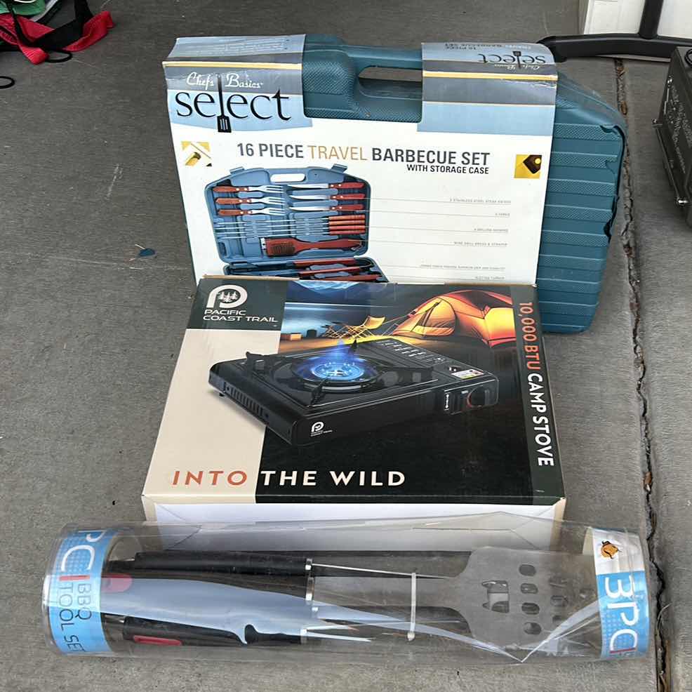 Photo 1 of 3 NEW- CAMP STOVE, 2 BBQ SETS
