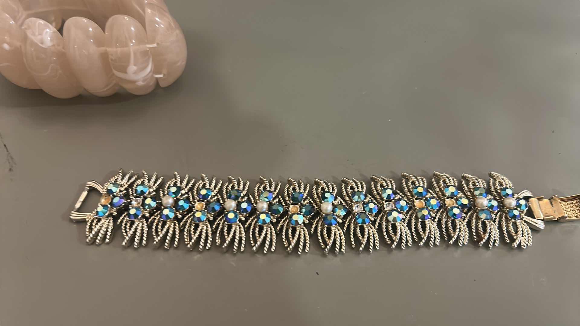 Photo 1 of 2- WOMEN’S BRACELET, ROSE QUARTZ AND VINTAGE SILVER WITH BLUE RHINESTONES, PEARLS AND GEMSTONES