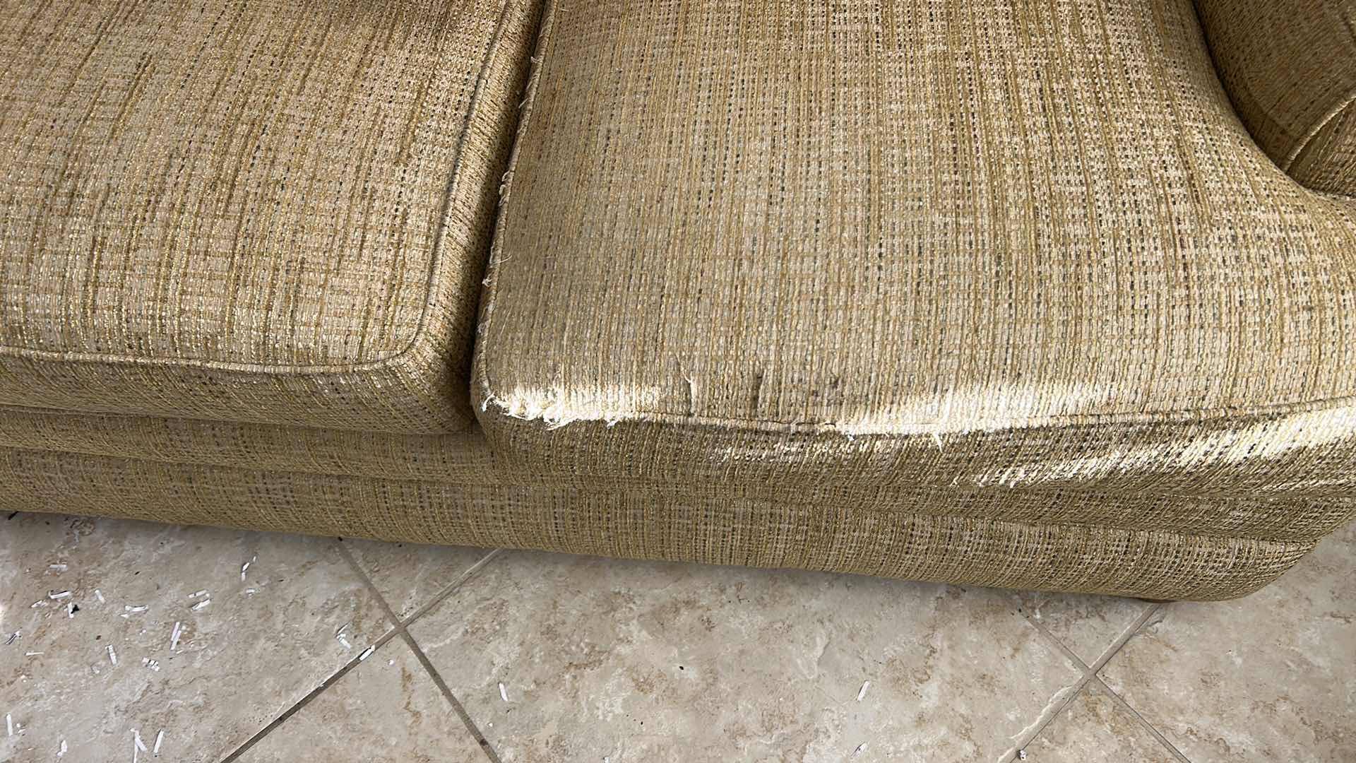 Photo 1 of 7’ THOMASVILLE GOLD FABRIC SOFA WITH WOOD LEGS