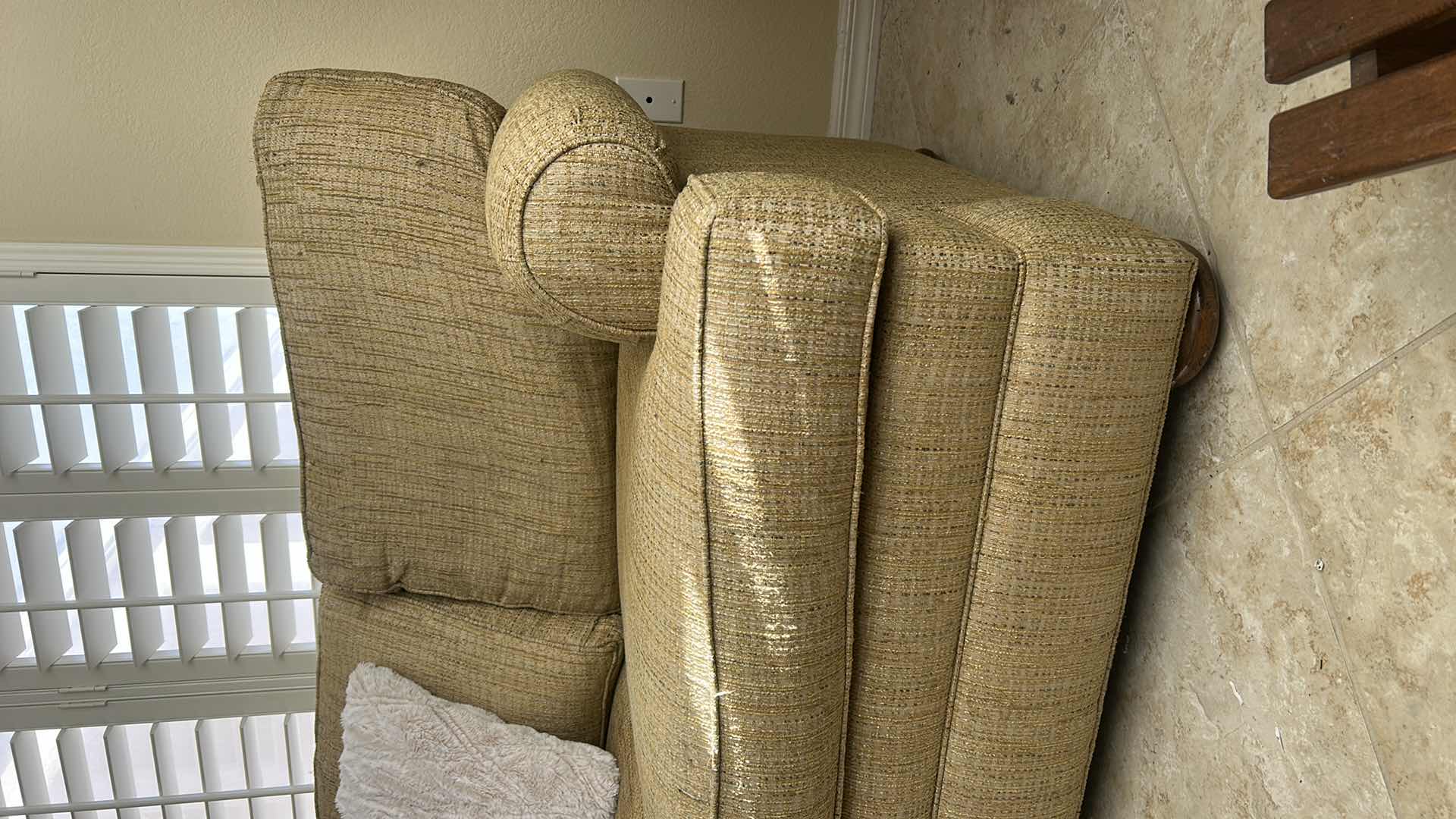 Photo 1 of 7’ THOMASVILLE GOLD FABRIC SOFA WITH WOOD LEGS