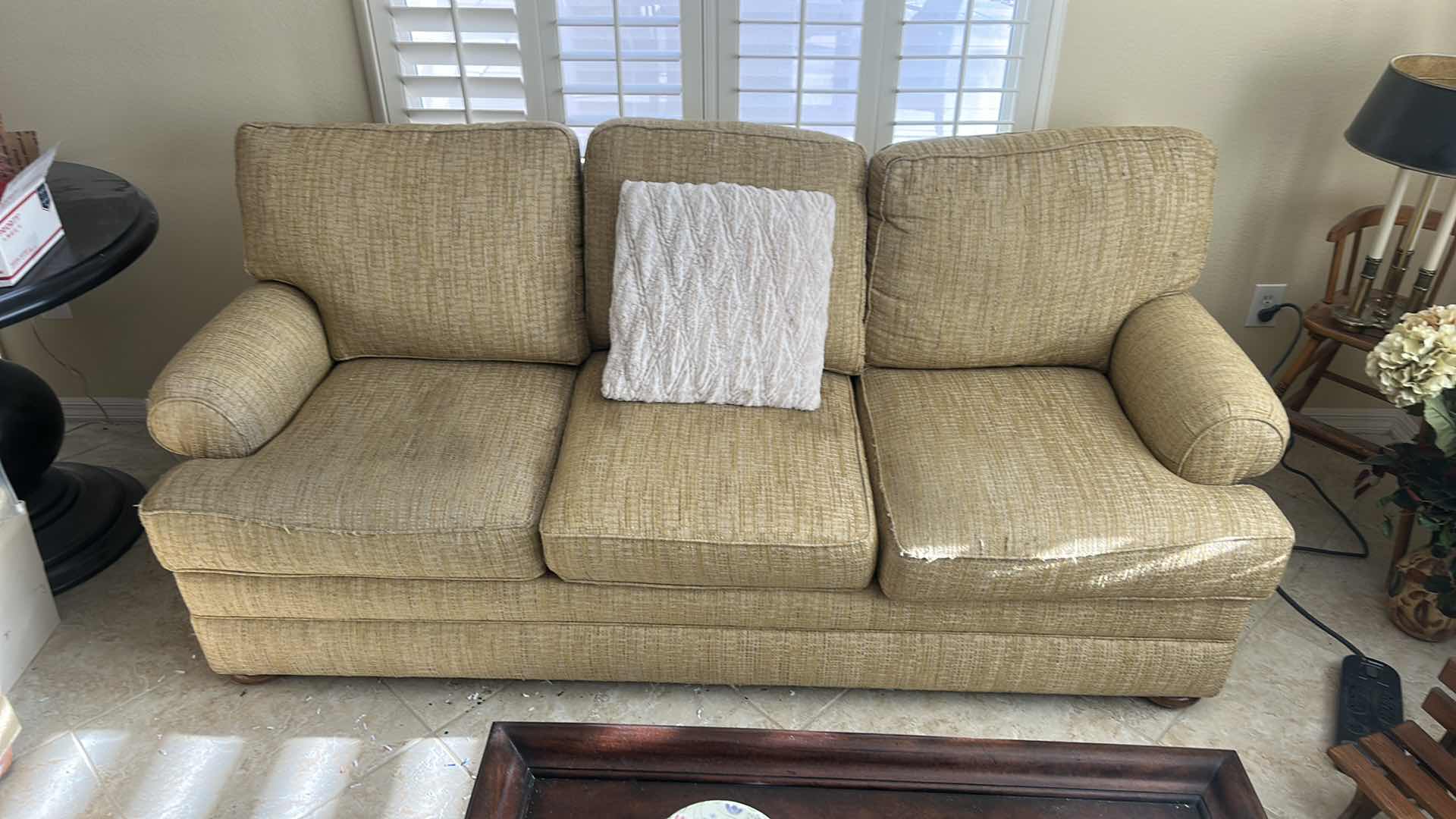 Photo 2 of 7’ THOMASVILLE GOLD FABRIC SOFA WITH WOOD LEGS