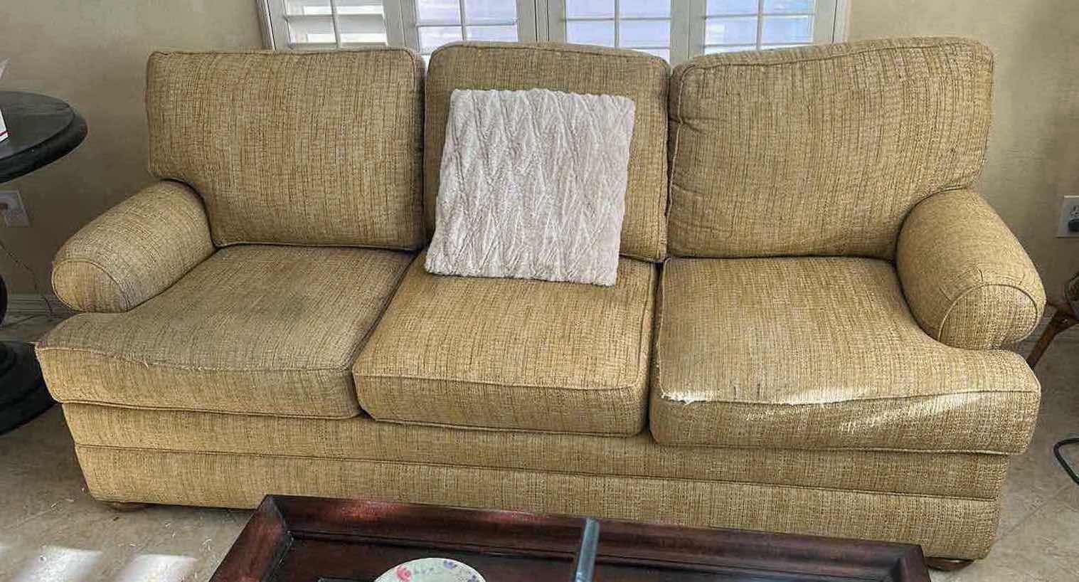 Photo 1 of 7’ THOMASVILLE GOLD FABRIC SOFA WITH WOOD LEGS