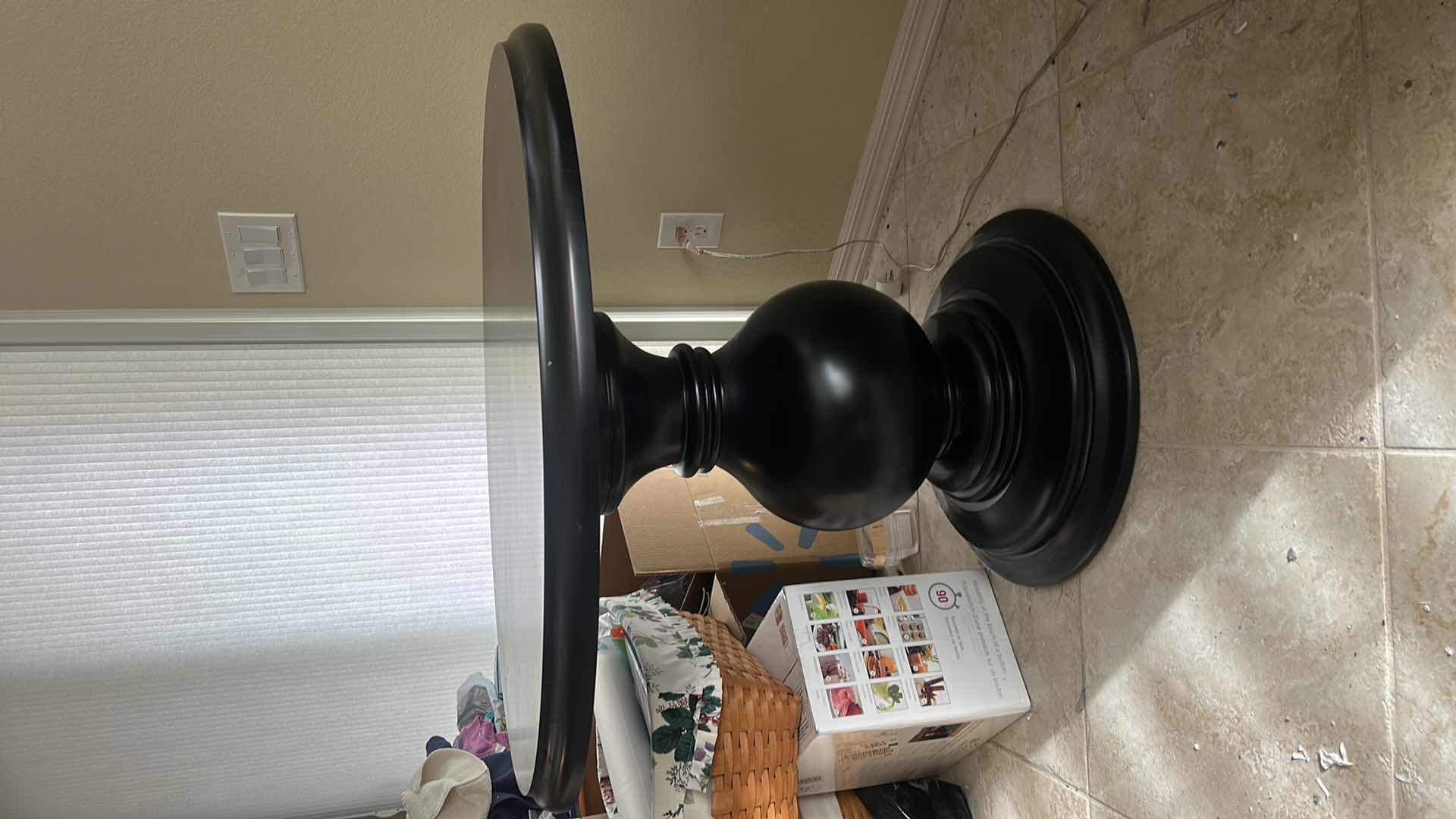 Photo 2 of BLACK PAINTED WOOD PEDESTAL TABLE 39 1/2” x 32”