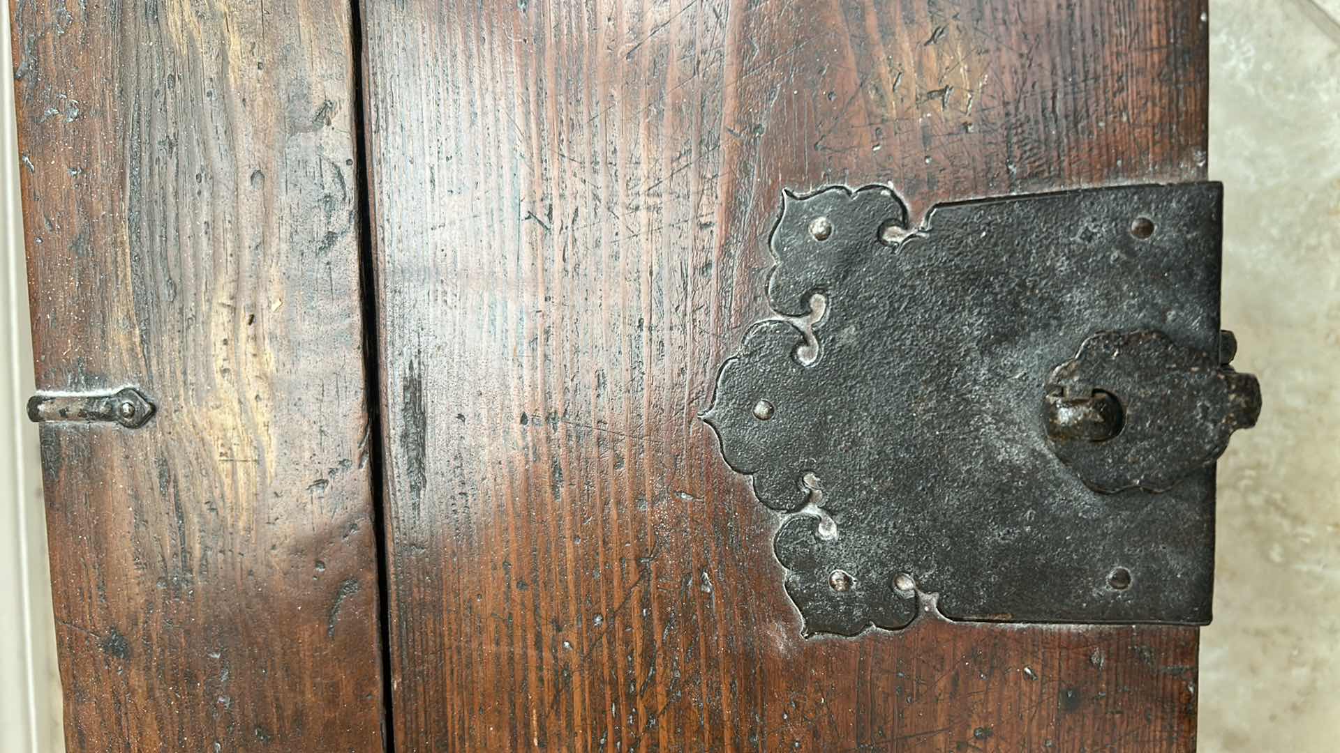 Photo 1 of ANTIQUE KOREAN MONEY CHEST -WOOD BOX/TRUNK WITH FORGED METAL HARDWARE 25” x 12” x 11 1/2”