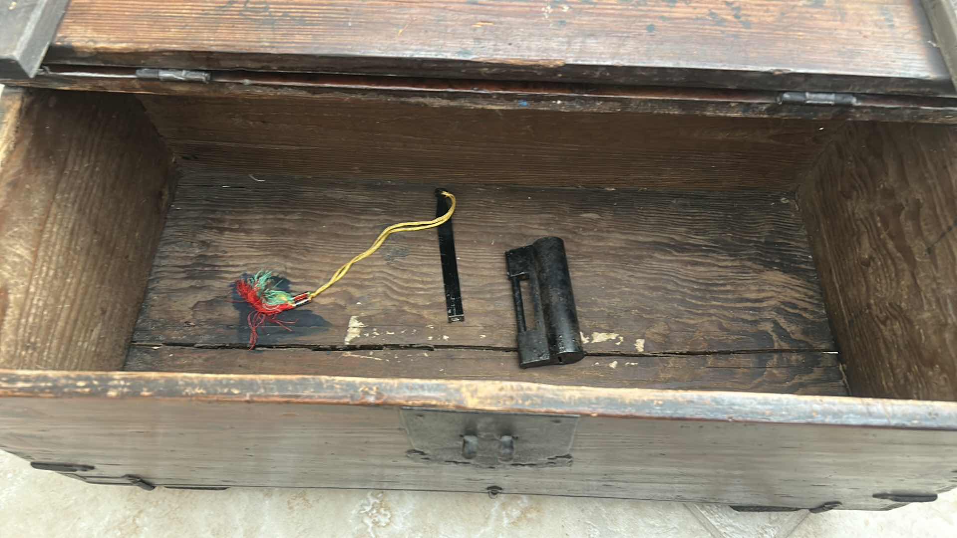 Photo 1 of ANTIQUE KOREAN MONEY CHEST -WOOD BOX/TRUNK WITH FORGED METAL HARDWARE 25” x 12” x 11 1/2”