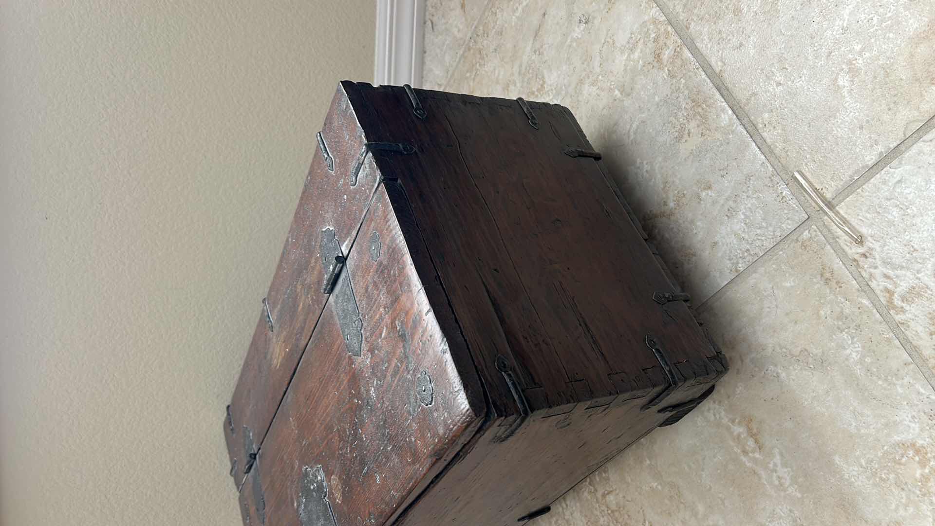 Photo 1 of ANTIQUE KOREAN MONEY CHEST -WOOD BOX/TRUNK WITH FORGED METAL HARDWARE 25” x 12” x 11 1/2”