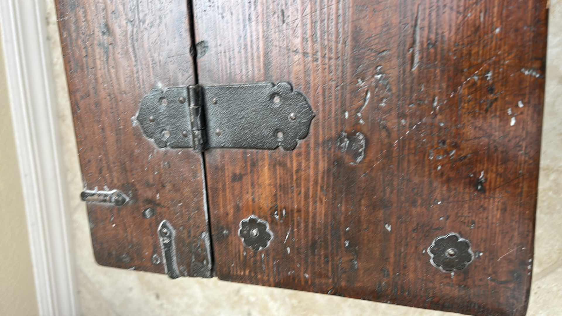 Photo 1 of ANTIQUE KOREAN MONEY CHEST -WOOD BOX/TRUNK WITH FORGED METAL HARDWARE 25” x 12” x 11 1/2”