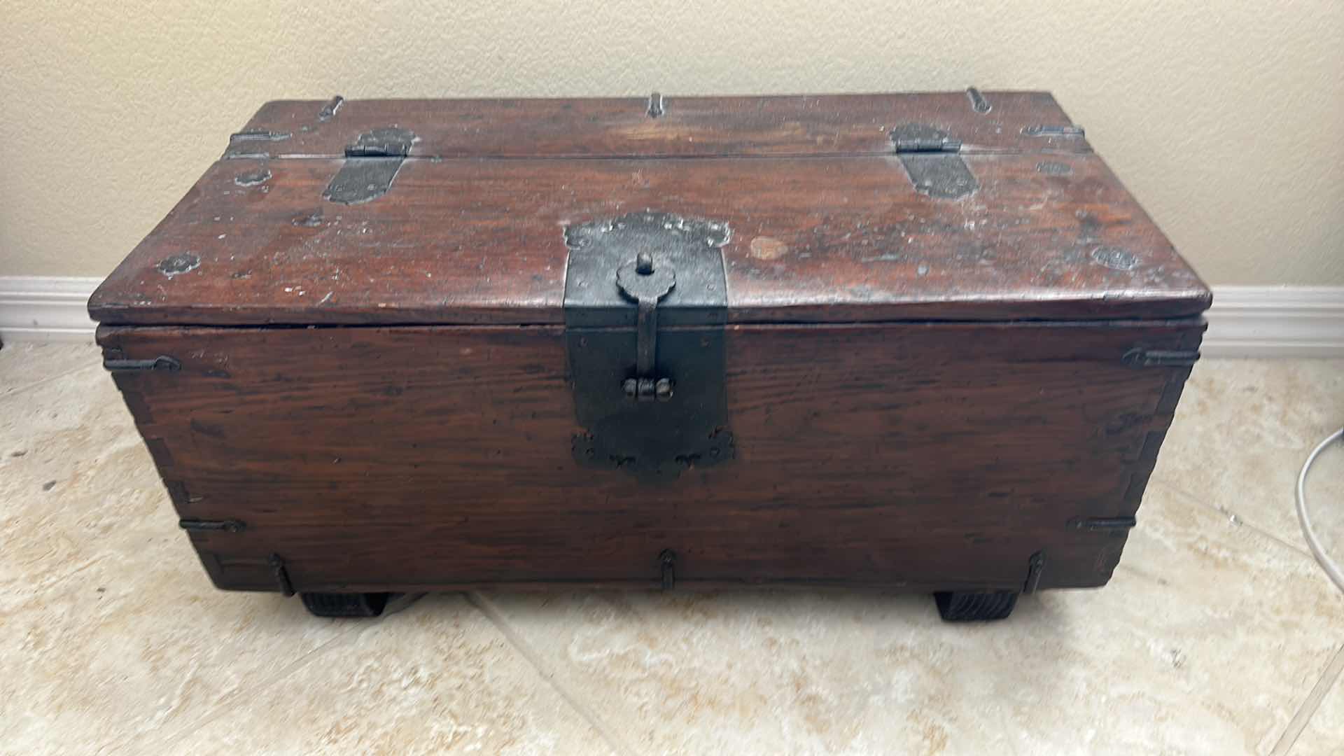 Photo 1 of ANTIQUE KOREAN MONEY CHEST -WOOD BOX/TRUNK WITH FORGED METAL HARDWARE 25” x 12” x 11 1/2”