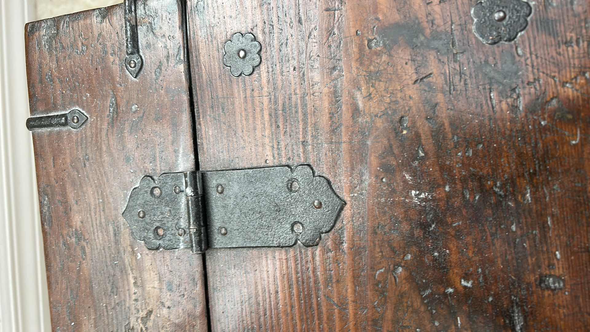 Photo 1 of ANTIQUE KOREAN MONEY CHEST -WOOD BOX/TRUNK WITH FORGED METAL HARDWARE 25” x 12” x 11 1/2”