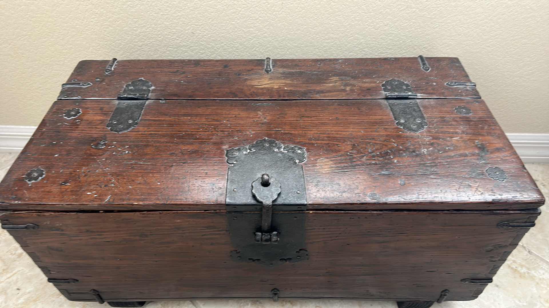 Photo 1 of ANTIQUE KOREAN MONEY CHEST -WOOD BOX/TRUNK WITH FORGED METAL HARDWARE 25” x 12” x 11 1/2”