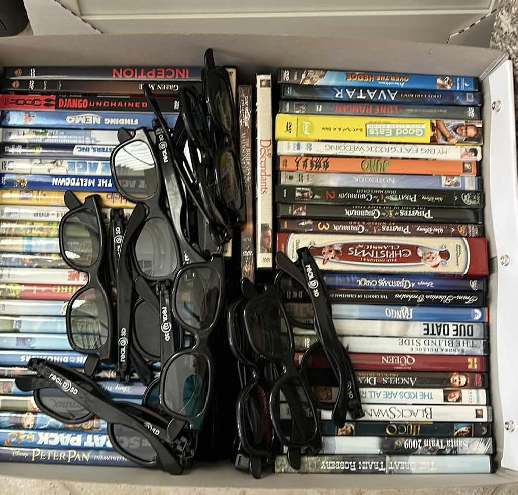 Photo 1 of BOX OF DVD’s, CD’s & 3D GLASSES
