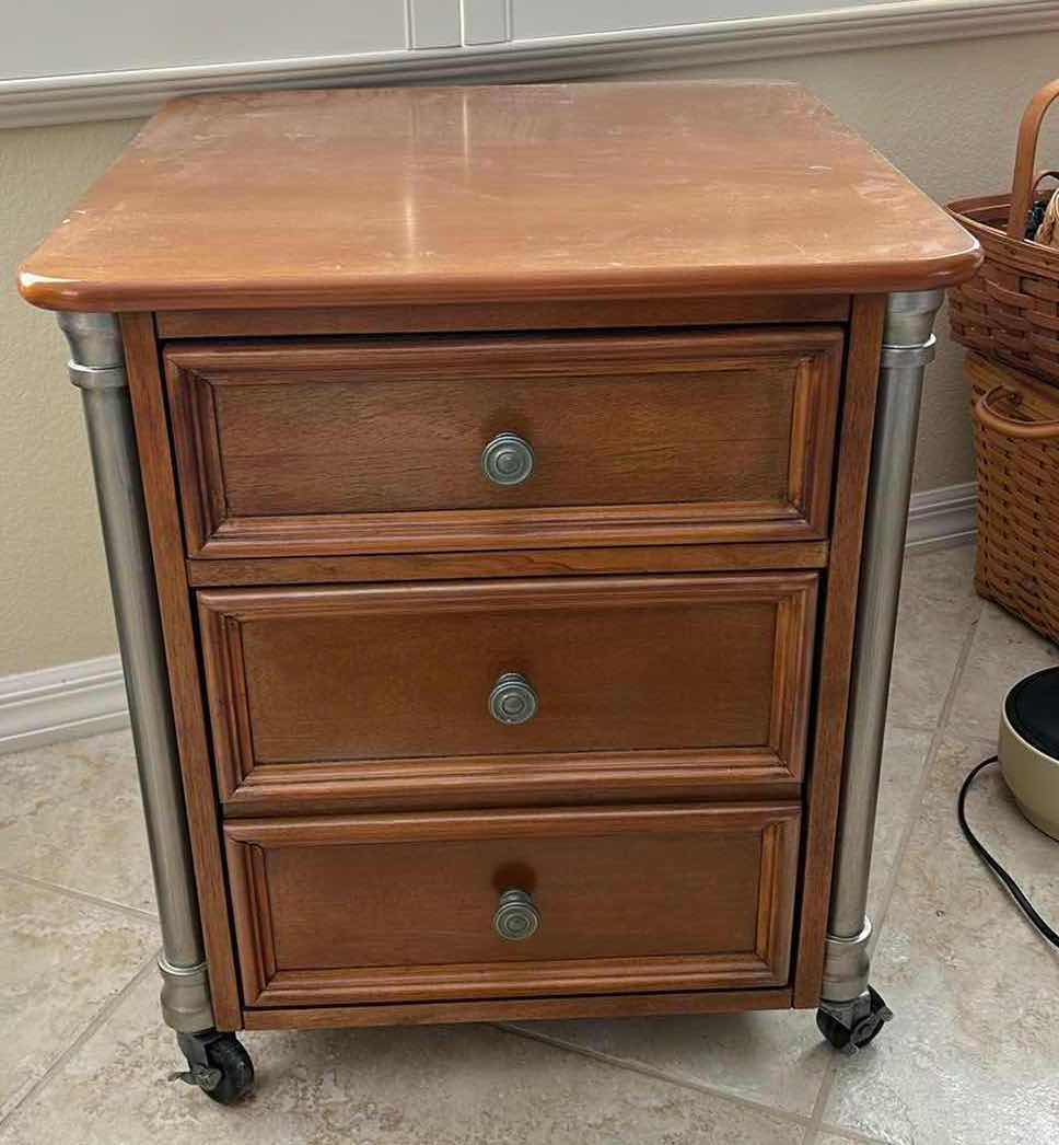 View 1 of 3 DRAWER WOOD AND METAL MOBILE FILE CABINET ON WHEELS 20 1/2” x 21” x 23 1/4”