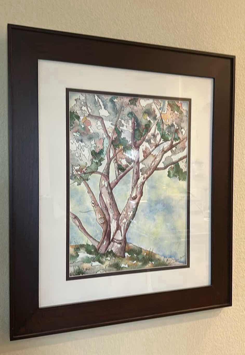 Photo 1 of DARK WOOD FRAMED, TREE SIGNED WATERCOLOR ARTWORK 25 1/4” x 29 1/4”