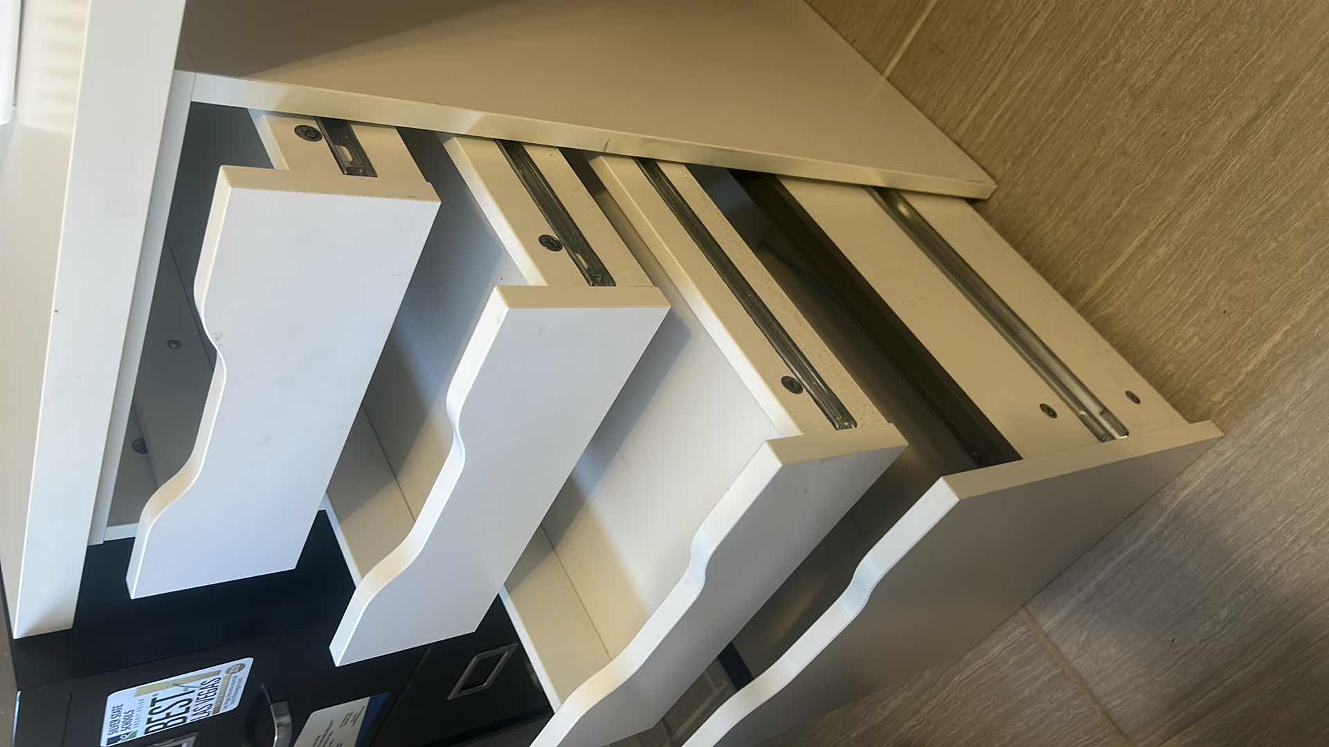 Photo 1 of 4 PIECE DESK UNIT/ TWO FILE CABINETS WITH 3 DRAWERS, TABLE TOP AND TOP SHELF WITH TWO DRAWERS 78 and three-quarter inches by 23 3/4” x 29”