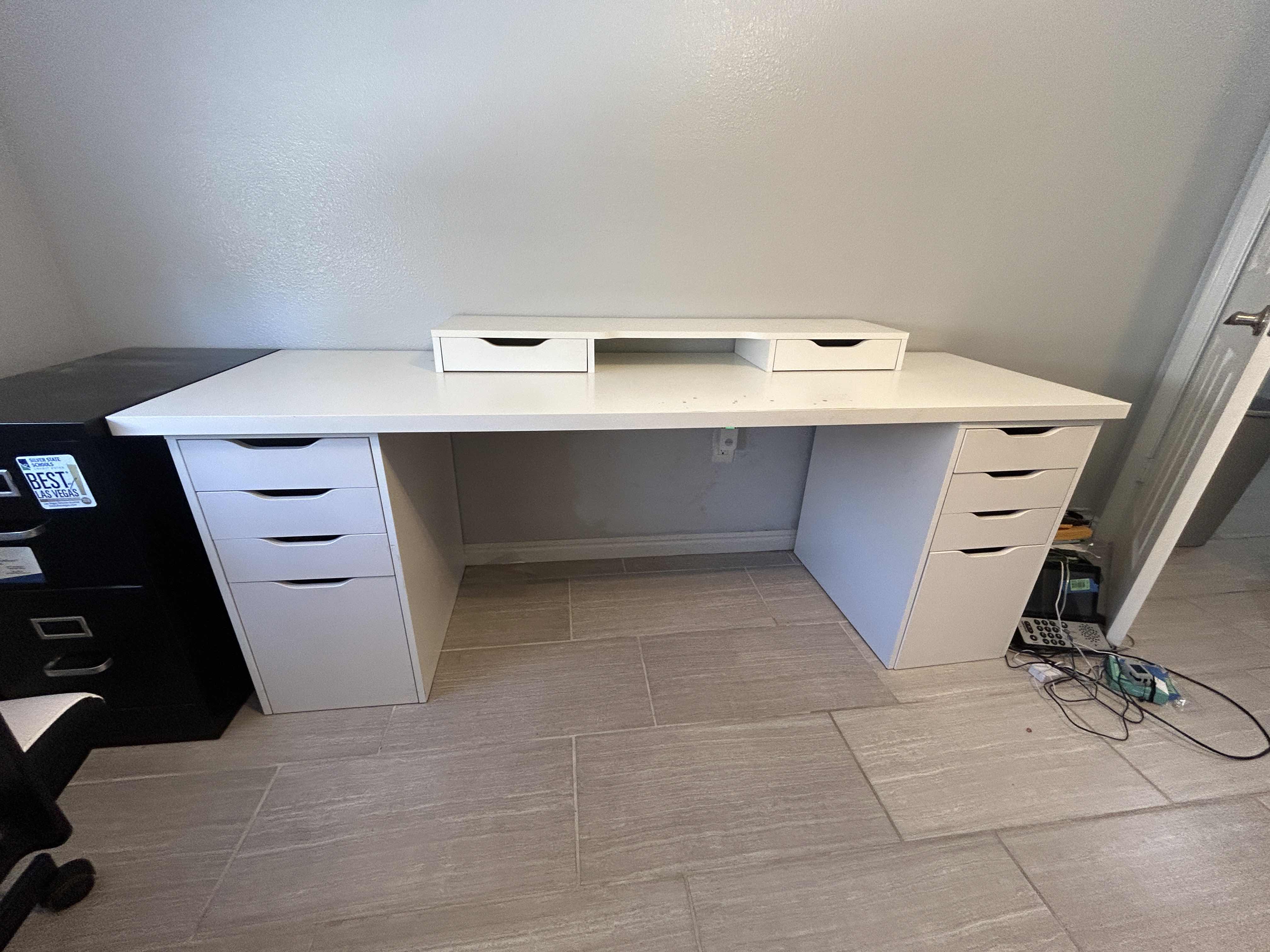 Photo 1 of 4 PIECE DESK UNIT/ TWO FILE CABINETS WITH 3 DRAWERS, TABLE TOP AND TOP SHELF WITH TWO DRAWERS 78 and three-quarter inches by 23 3/4” x 29”