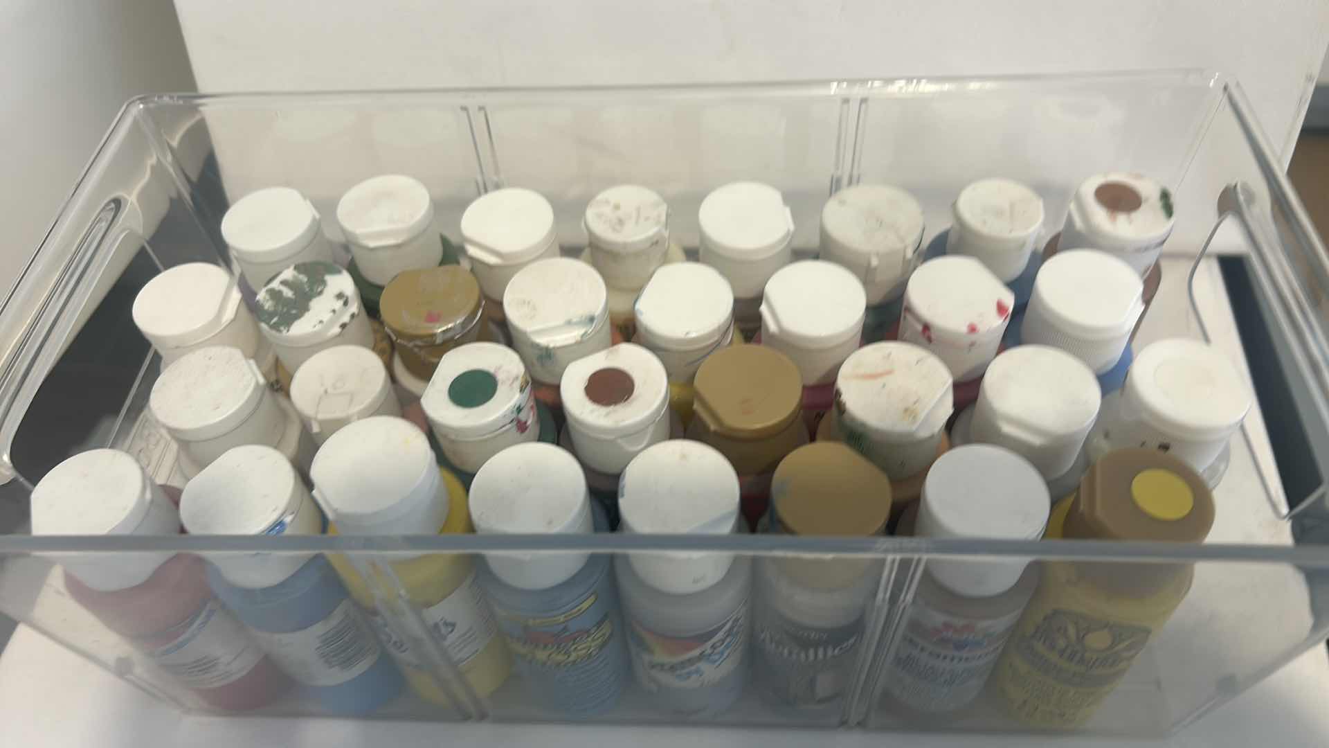 Photo 1 of 32 ACRYLIC PAINTS AND CONTAINER
